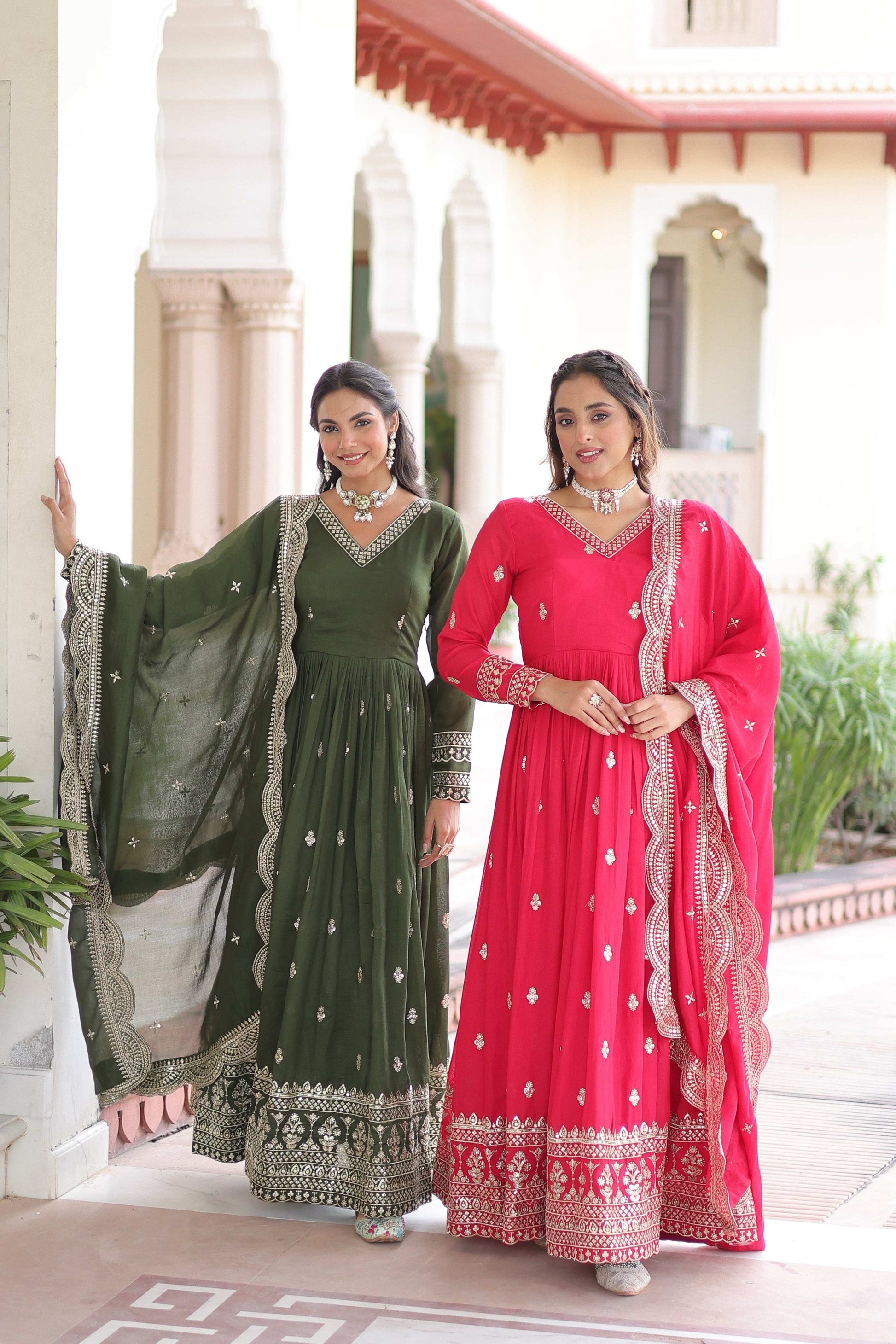 Jyoti Fashion Women's Green & Pink Vichitra Silk Embroidered Combo Anarkali Set With Dupatta | Swadesiicart