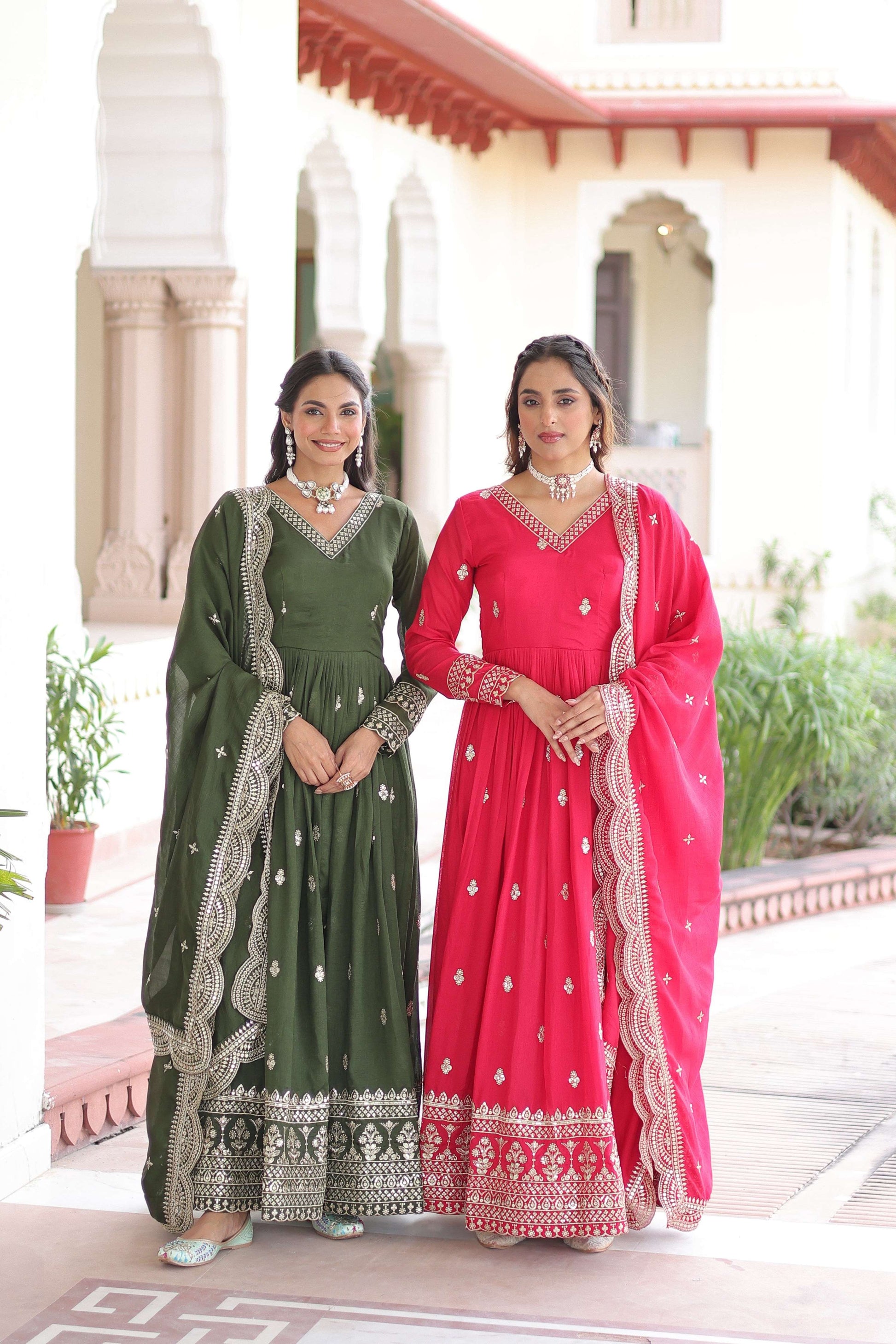 Jyoti Fashion Women's Green & Pink Vichitra Silk Embroidered Combo Anarkali Set With Dupatta | Swadesiicart