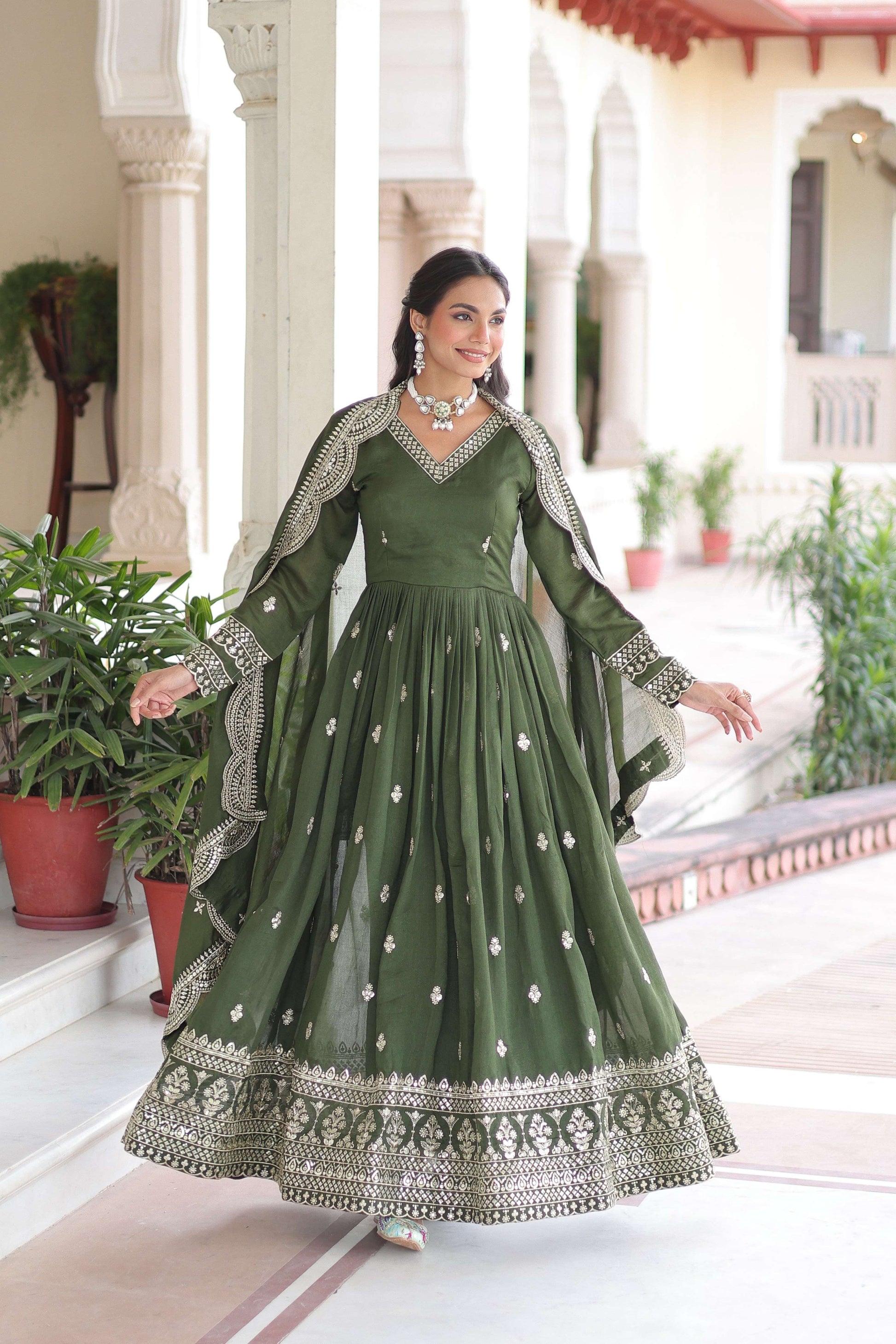 Jyoti Fashion Women's Green Vichitra Silk Sequins Zari Embroidered Anarkali Set With Dupatta | Swadesiicart