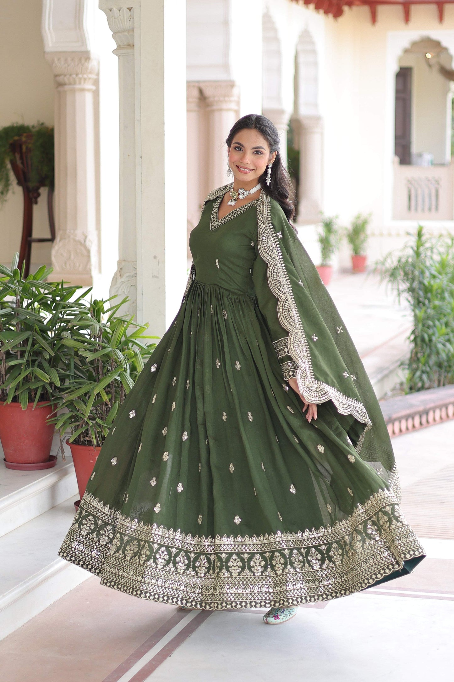 Jyoti Fashion Women's Green Vichitra Silk Sequins Zari Embroidered Anarkali Set With Dupatta | Swadesiicart