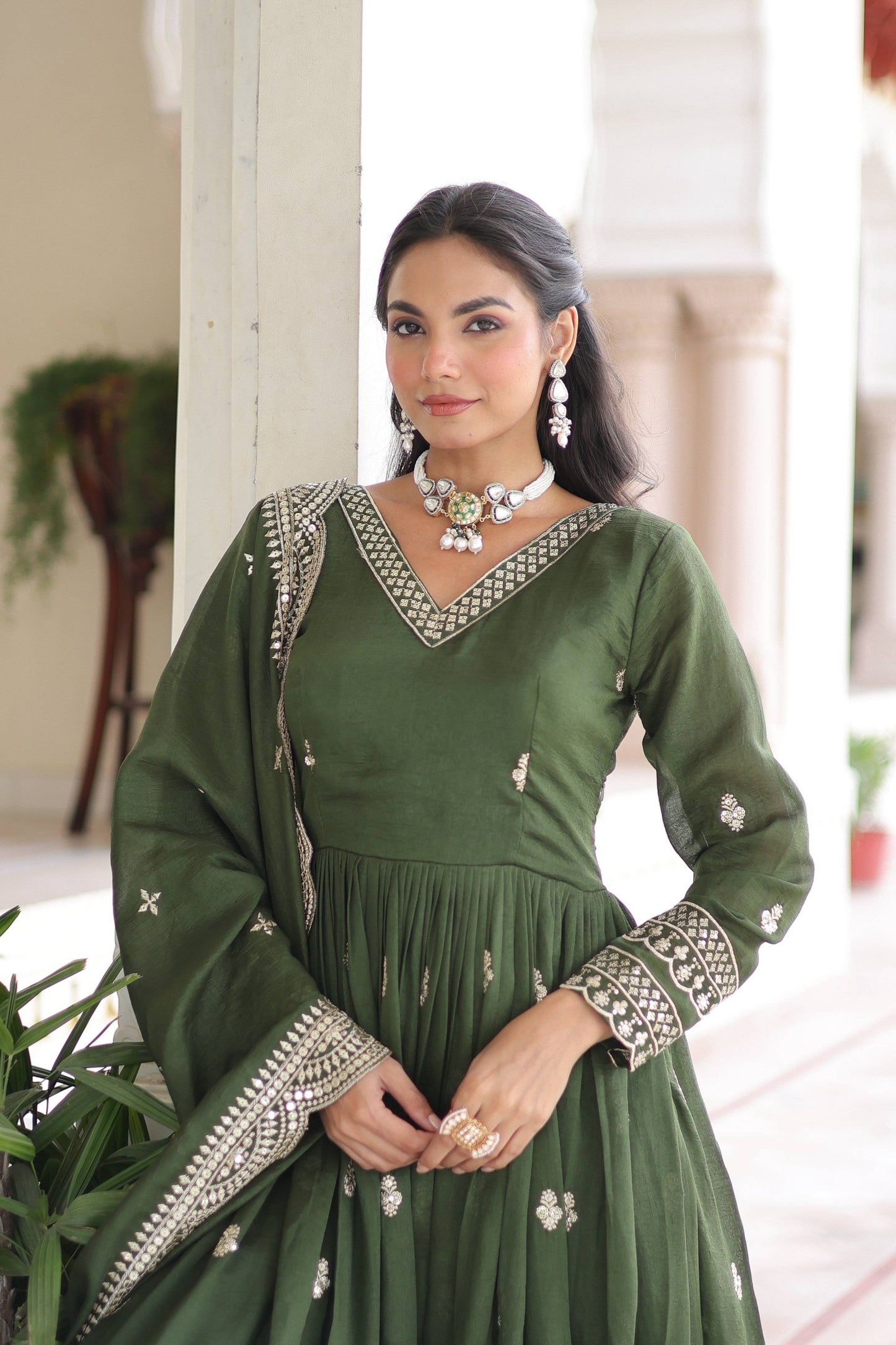 Jyoti Fashion Women's Green Vichitra Silk Sequins Zari Embroidered Anarkali Set With Dupatta | Swadesiicart