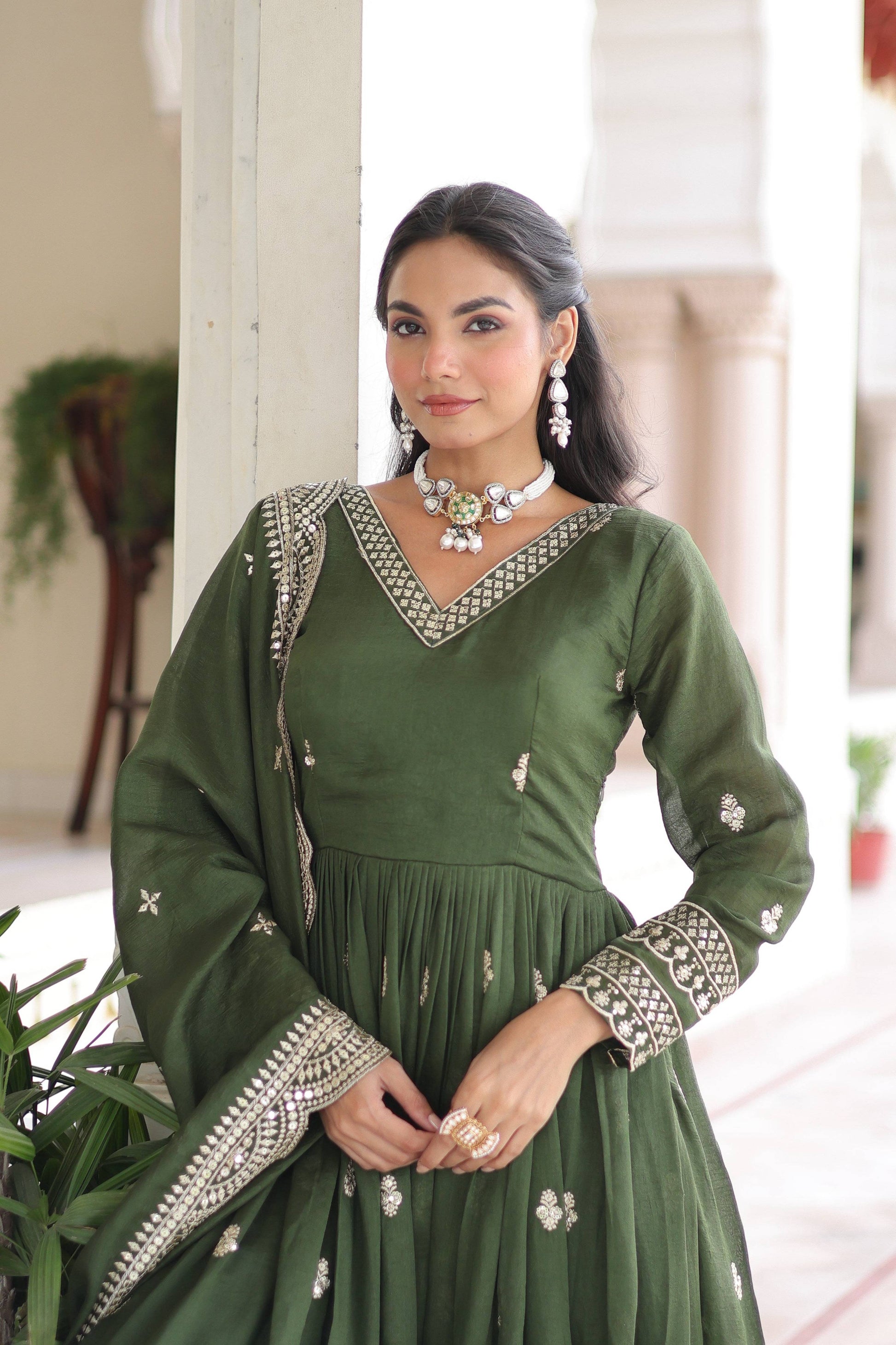 Jyoti Fashion Women's Green Vichitra Silk Sequins Zari Embroidered Anarkali Set With Dupatta | Swadesiicart