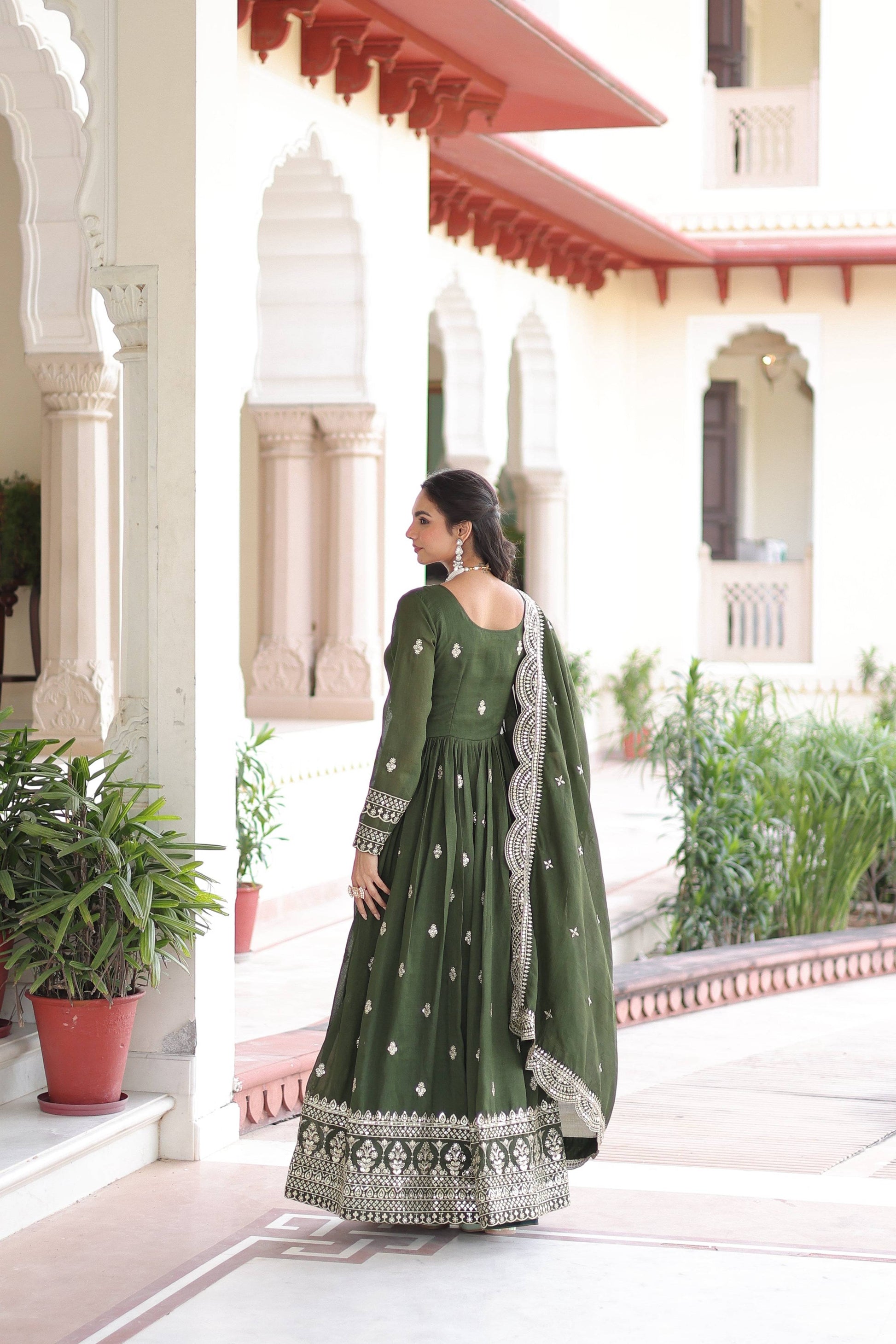 Jyoti Fashion Women's Green Vichitra Silk Sequins Zari Embroidered Anarkali Set With Dupatta | Swadesiicart
