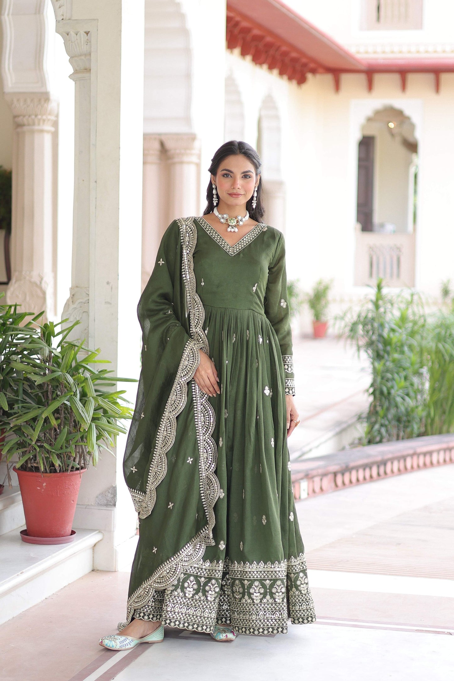 Jyoti Fashion Women's Green Vichitra Silk Sequins Zari Embroidered Anarkali Set With Dupatta | Swadesiicart