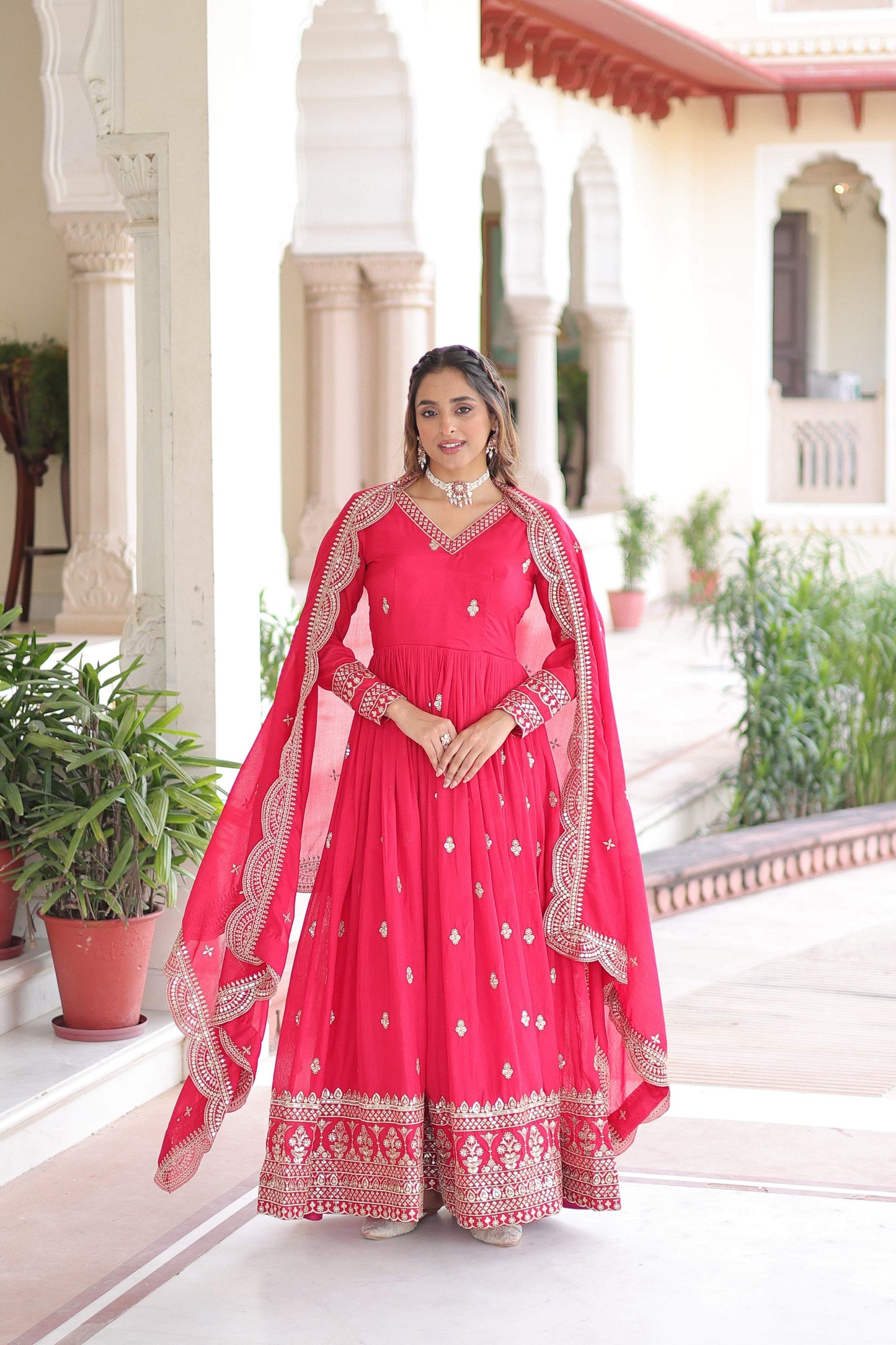 Jyoti Fashion Women's Pink Vichitra Silk Sequins Zari Embroidered Anarkali Set With Dupatta | Swadesiicart