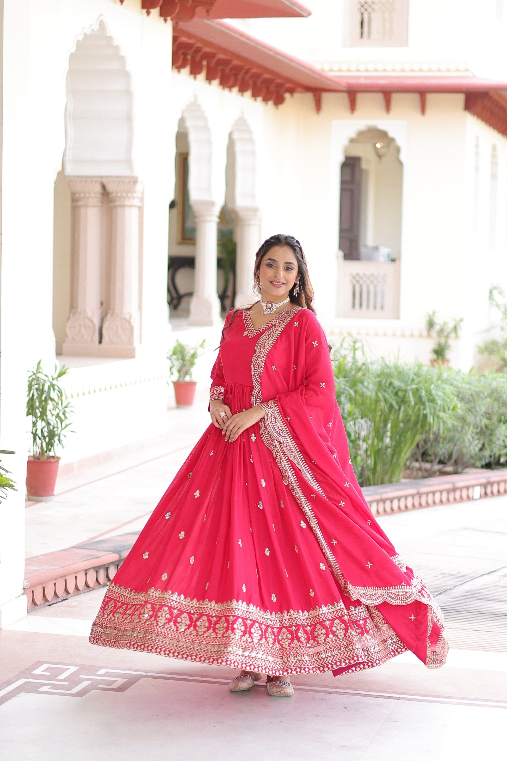 Jyoti Fashion Women's Pink Vichitra Silk Sequins Zari Embroidered Anarkali Set With Dupatta | Swadesiicart