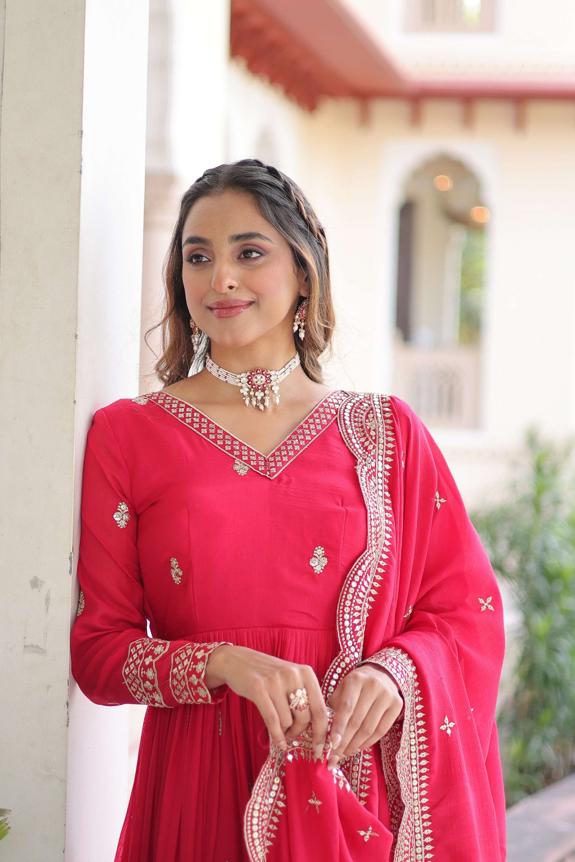 Jyoti Fashion Women's Pink Vichitra Silk Sequins Zari Embroidered Anarkali Set With Dupatta | Swadesiicart