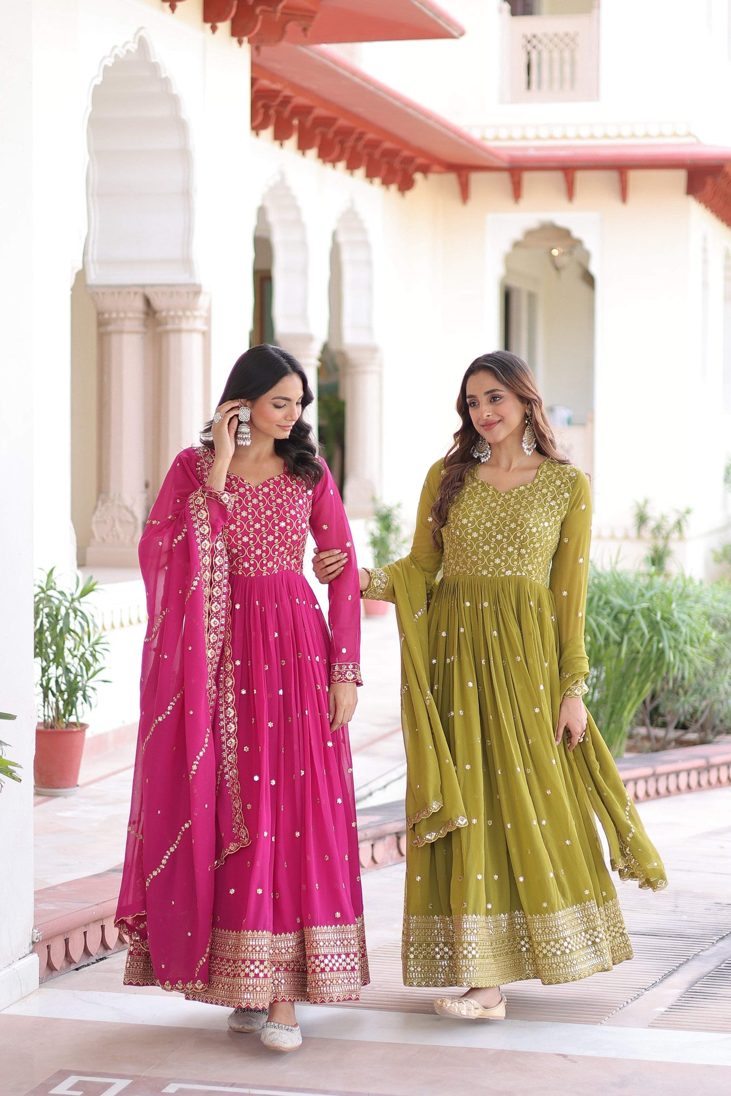 Jyoti Fashion Women's Pink & Parrot Green Faux Georgette Embroidered Combo Anarkali Set With Dupatta | Swadesiicart