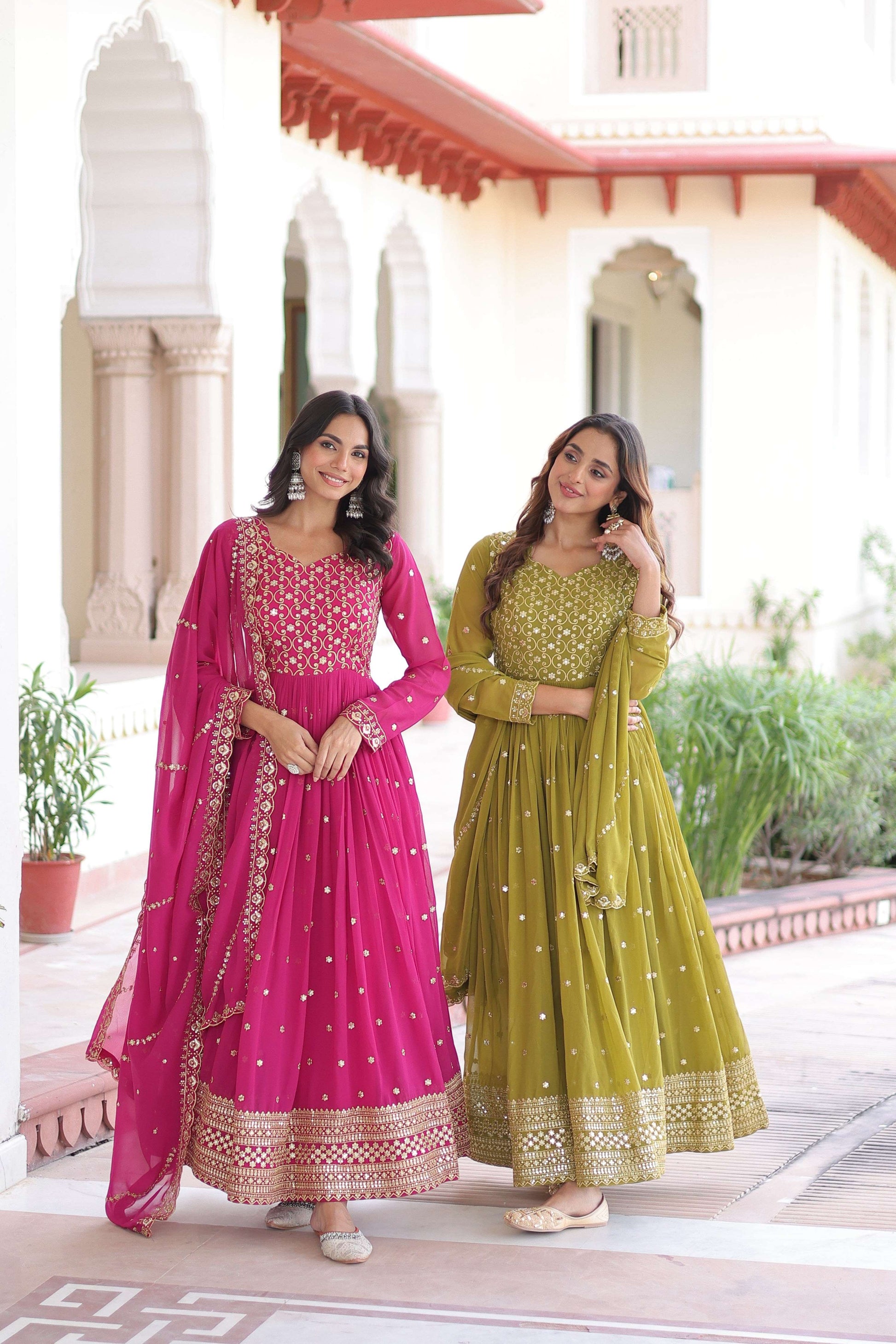 Jyoti Fashion Women's Pink & Parrot Green Faux Georgette Embroidered Combo Anarkali Set With Dupatta | Swadesiicart