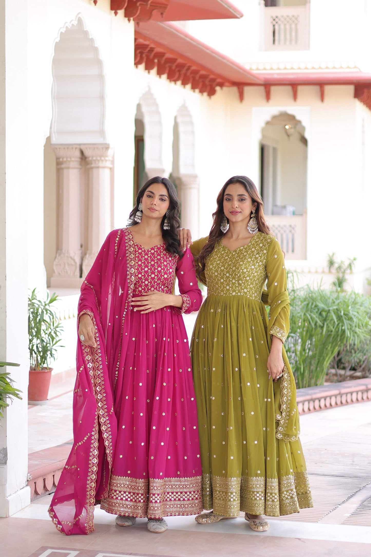 Jyoti Fashion Women's Pink & Parrot Green Faux Georgette Embroidered Combo Anarkali Set With Dupatta | Swadesiicart