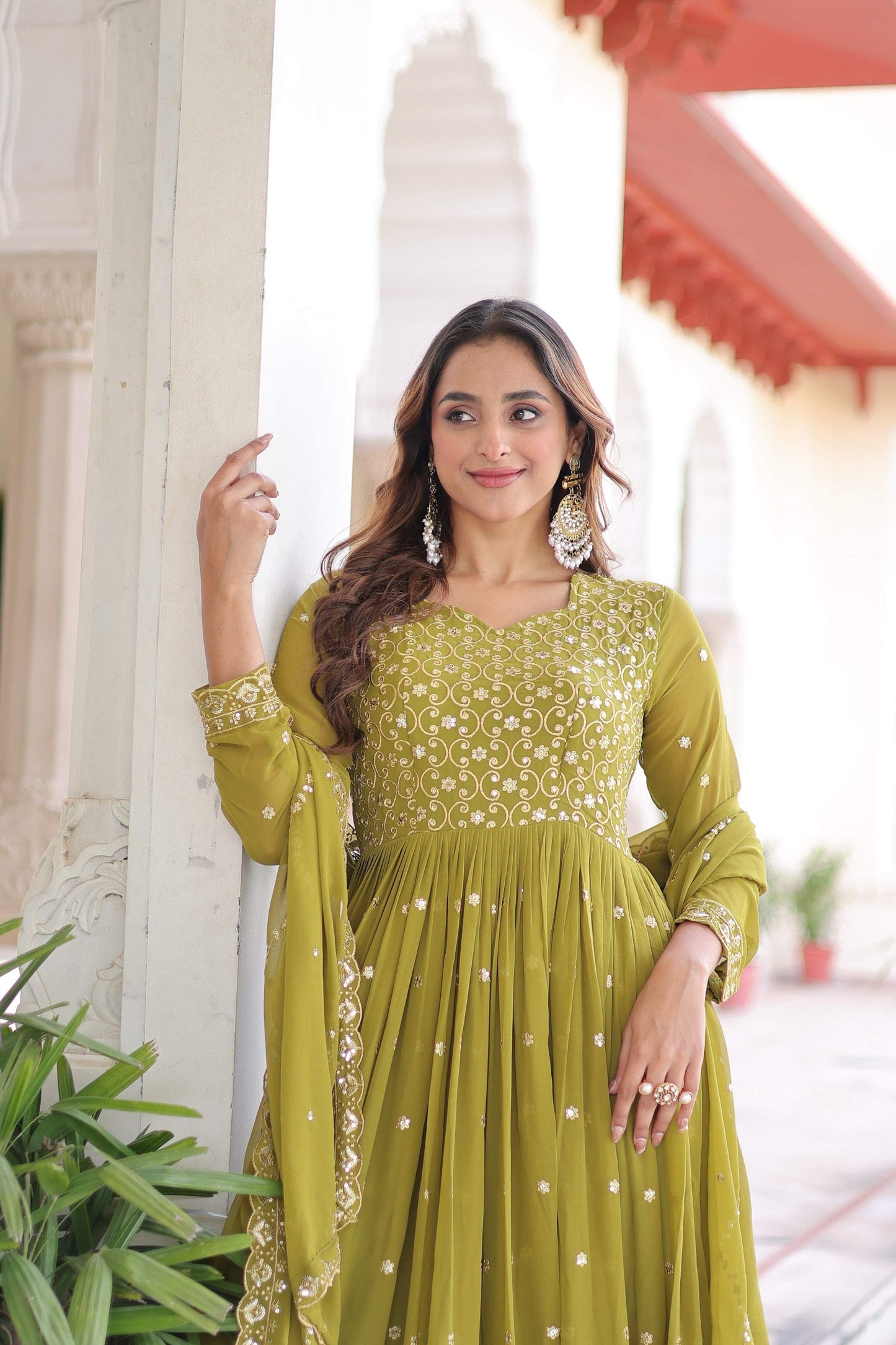 Jyoti Fashion Women's Parrot Green Faux Georgette Sequins Zari Embroidered Anarkali Set With Dupatta | Swadesiicart