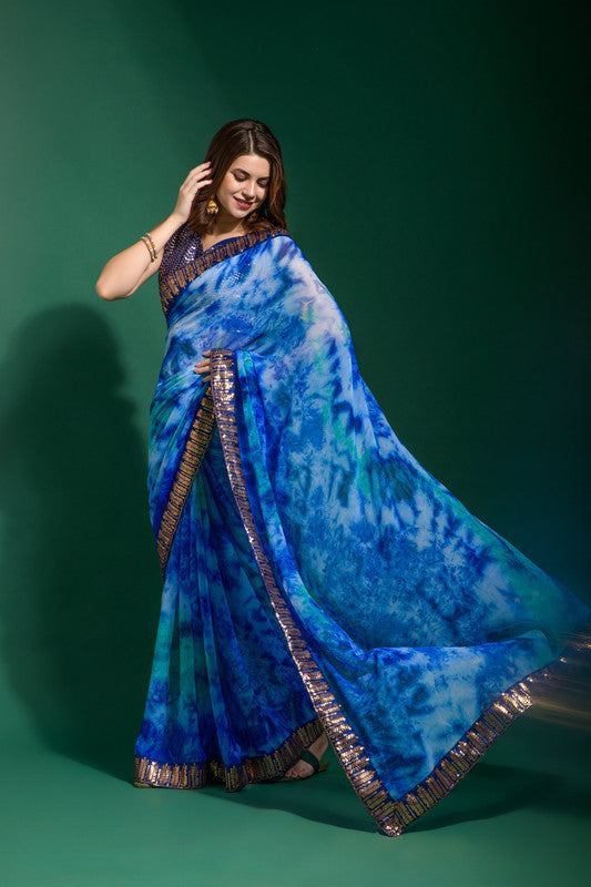 Jyoti Fashion Women's Blue Sequence Embroidery Chiffon Saree with Blouse | Swadesiicart