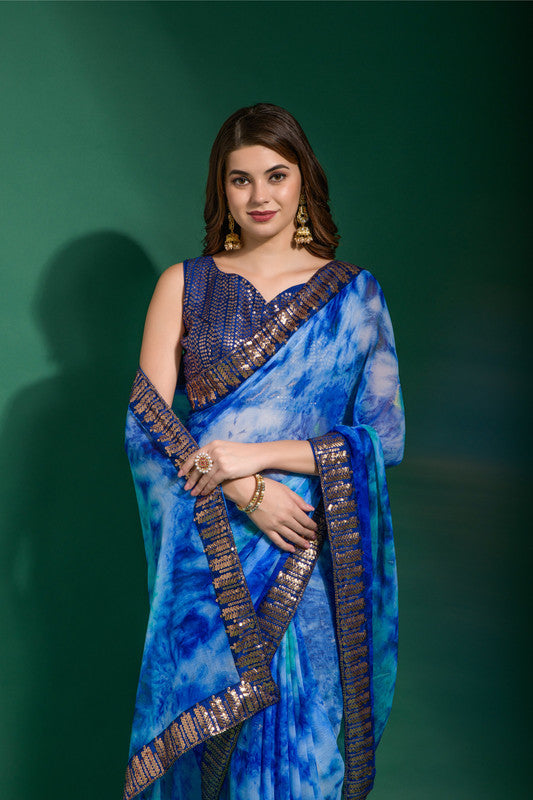 Jyoti Fashion Women's Blue Sequence Embroidery Chiffon Saree with Blouse | Swadesiicart