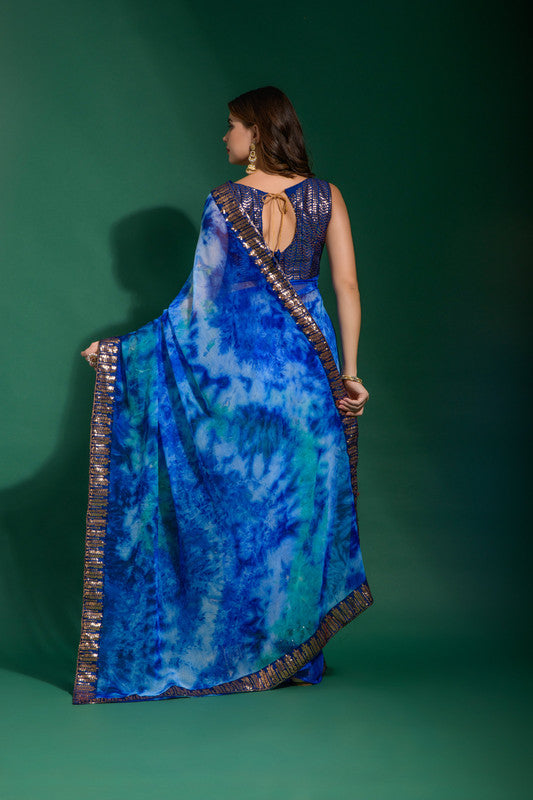 Jyoti Fashion Women's Blue Sequence Embroidery Chiffon Saree with Blouse | Swadesiicart