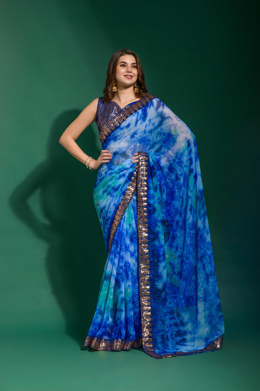 Jyoti Fashion Women's Blue Sequence Embroidery Chiffon Saree with Blouse | Swadesiicart
