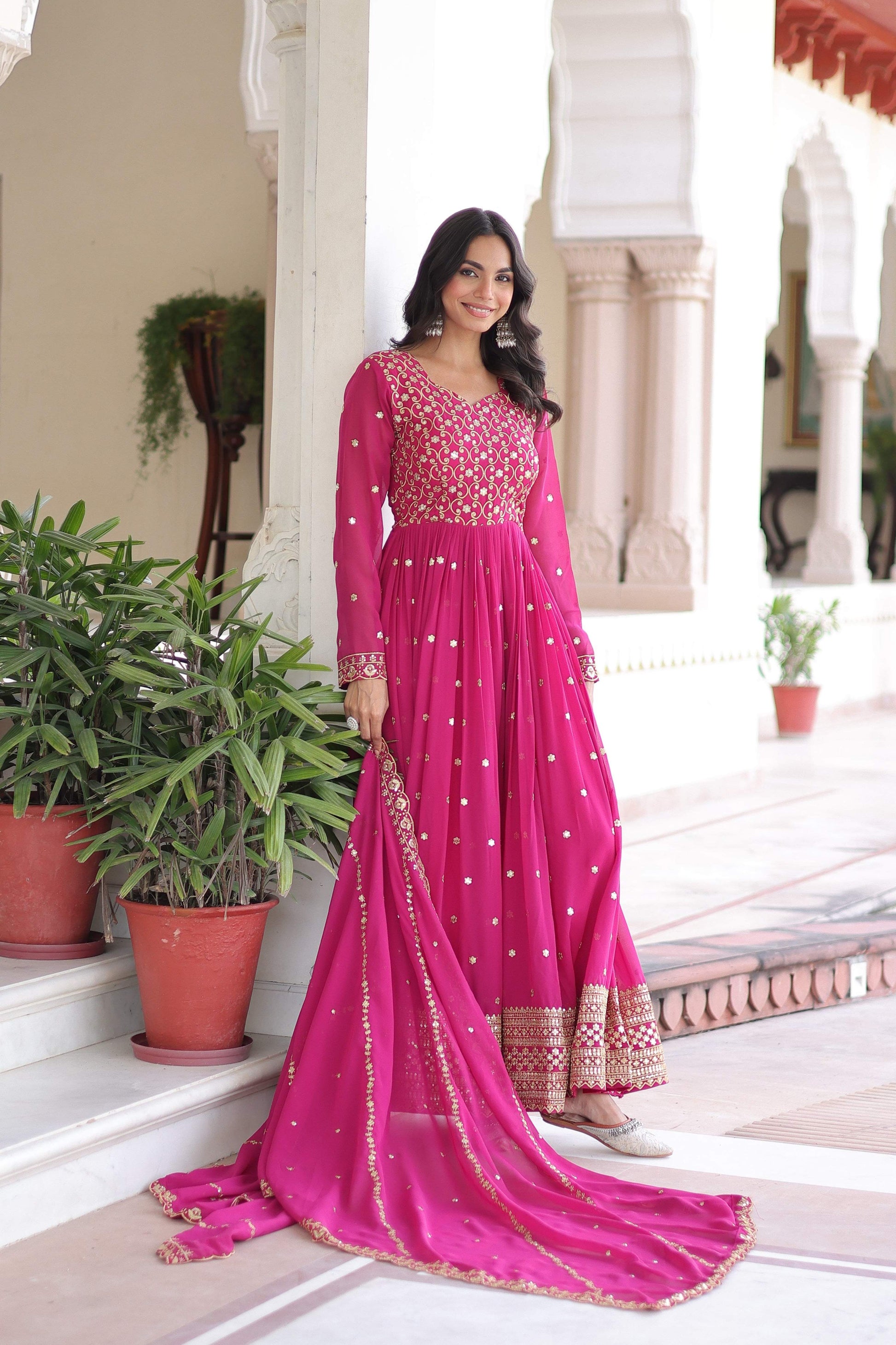 Jyoti Fashion Women's Pink Faux Georgette Sequins Zari Embroidered Anarkali Set With Dupatta | Swadesiicart