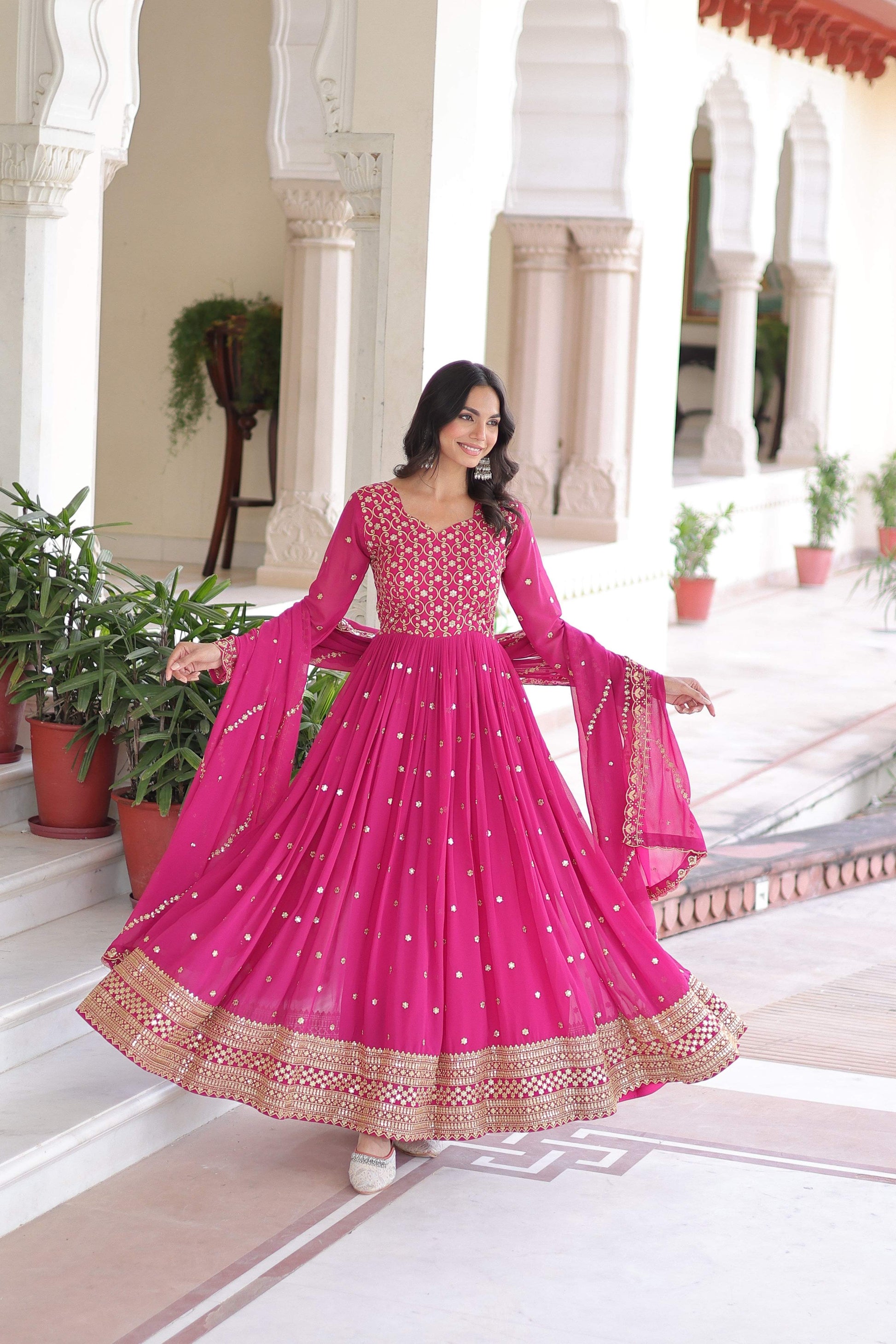 Jyoti Fashion Women's Pink Faux Georgette Sequins Zari Embroidered Anarkali Set With Dupatta | Swadesiicart