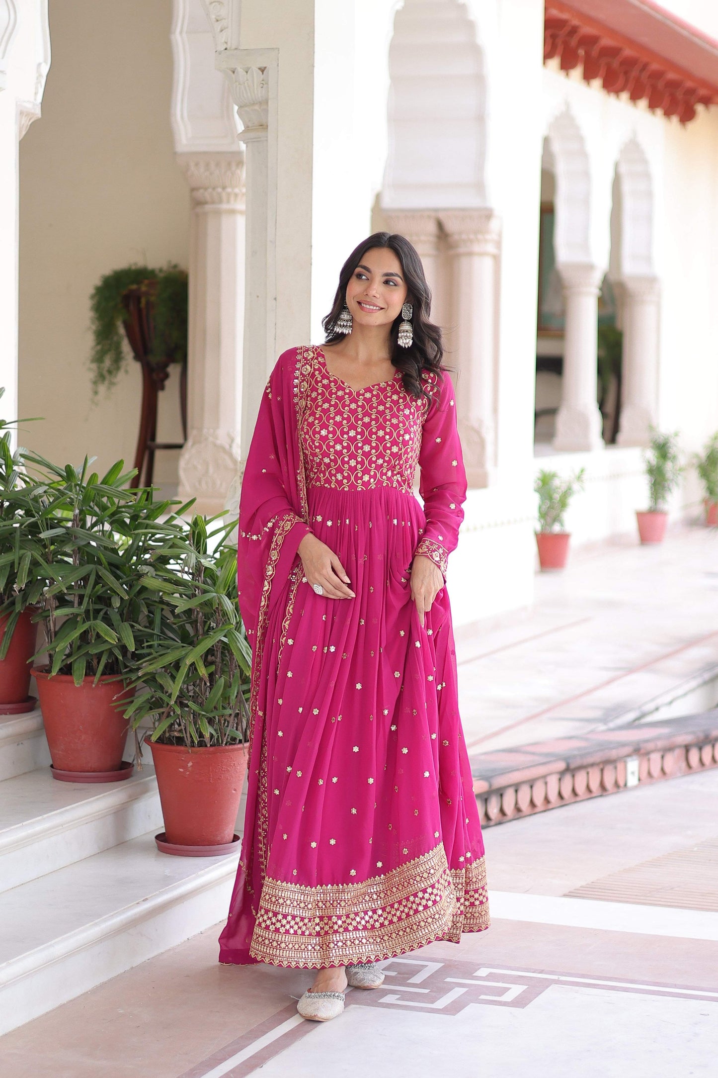 Jyoti Fashion Women's Pink Faux Georgette Sequins Zari Embroidered Anarkali Set With Dupatta | Swadesiicart