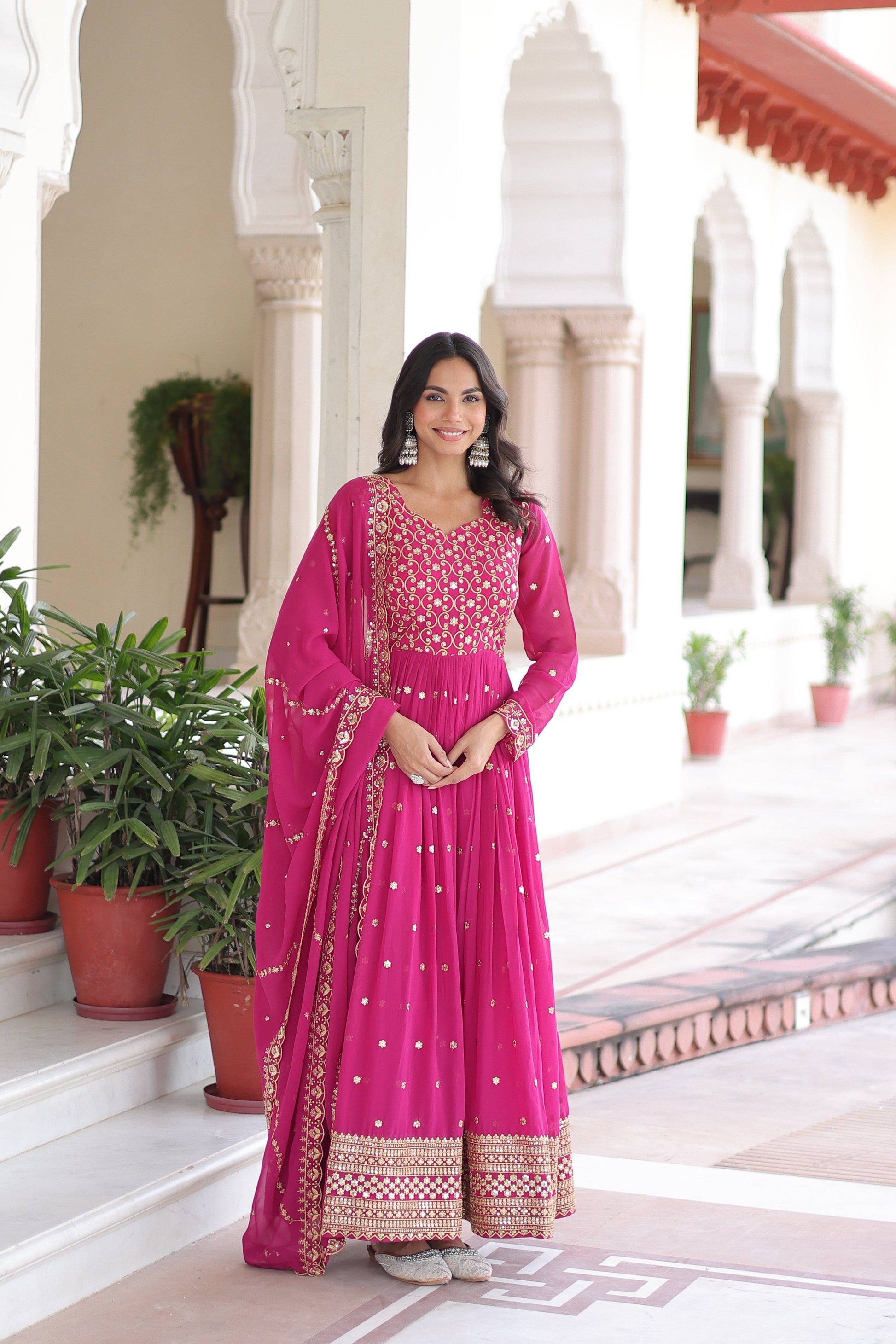 Jyoti Fashion Women's Pink Faux Georgette Sequins Zari Embroidered Anarkali Set With Dupatta | Swadesiicart