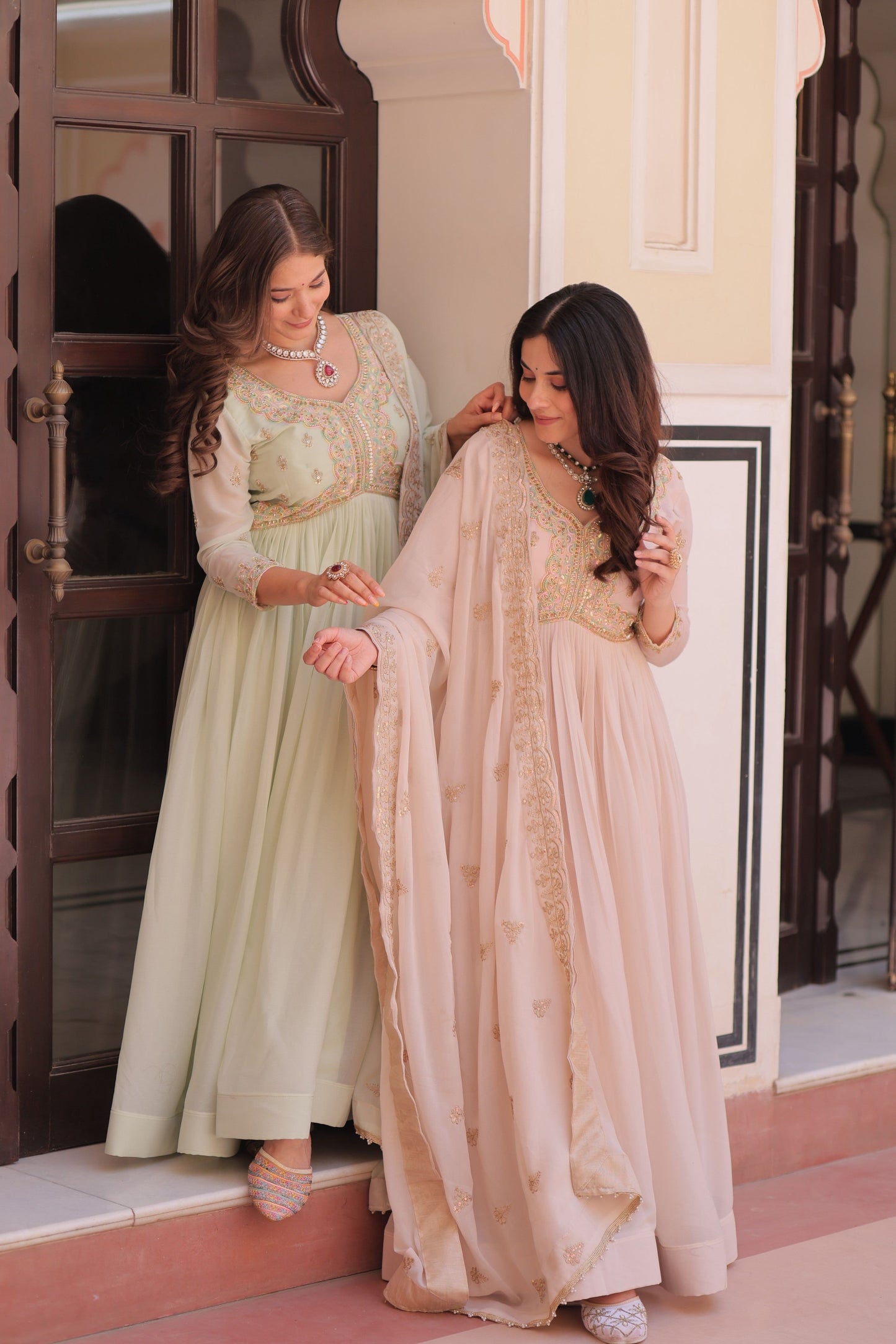 Jyoti Fashion Women's Pista Green & Beige Star Georgette Embroidered Combo Anarkali Set With Dupatta | Swadesiicart