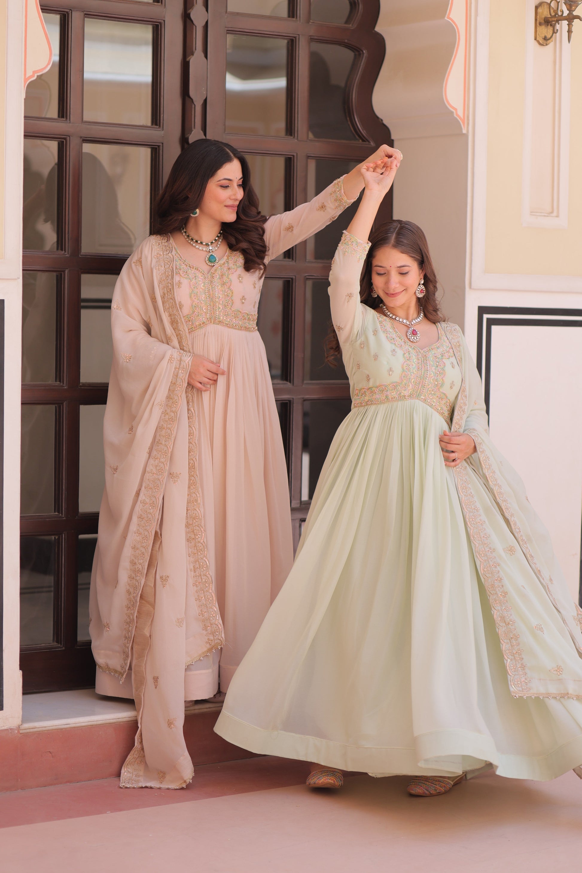 Jyoti Fashion Women's Pista Green & Beige Star Georgette Embroidered Combo Anarkali Set With Dupatta | Swadesiicart