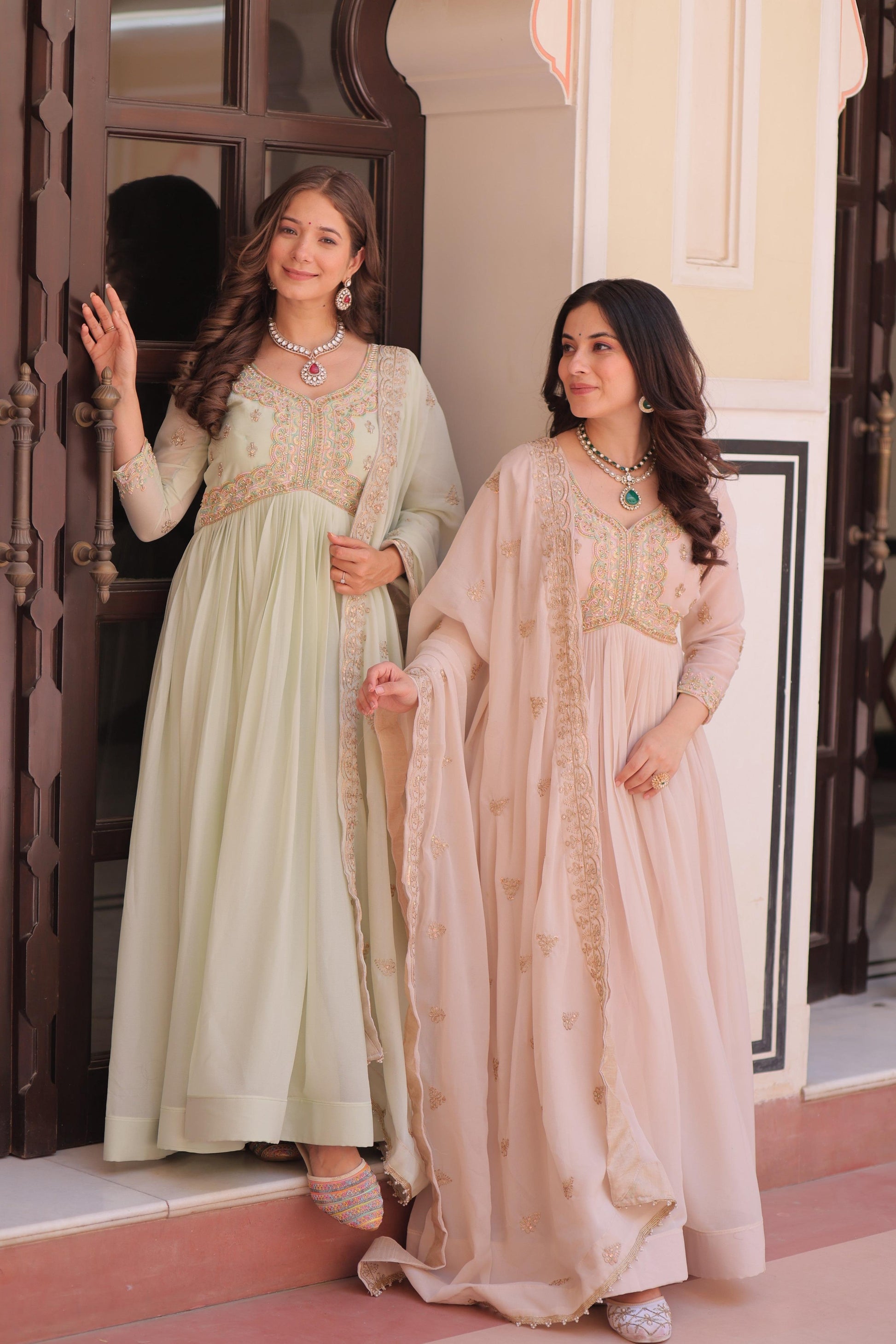 Jyoti Fashion Women's Pista Green & Beige Star Georgette Embroidered Combo Anarkali Set With Dupatta | Swadesiicart