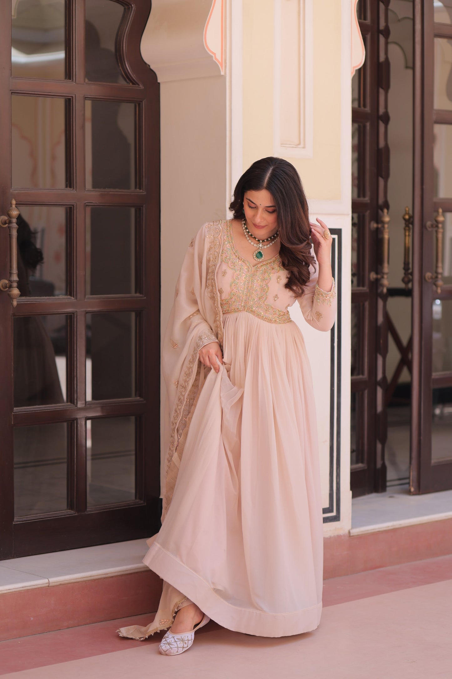 Jyoti Fashion Women's Beige Star Georgette Embroidered Anarkali Set With Dupatta | Swadesiicart