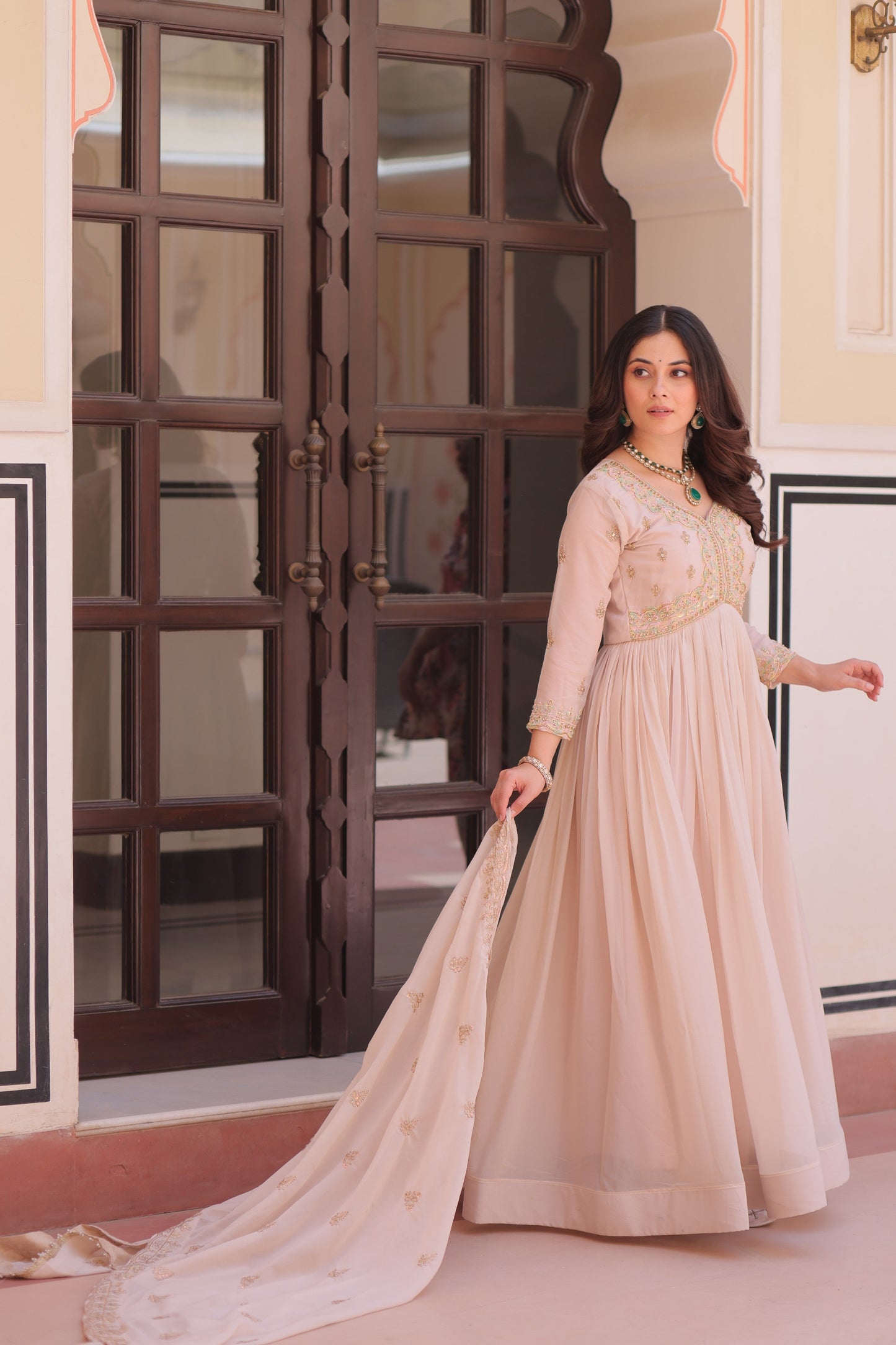 Jyoti Fashion Women's Beige Star Georgette Embroidered Anarkali Set With Dupatta | Swadesiicart