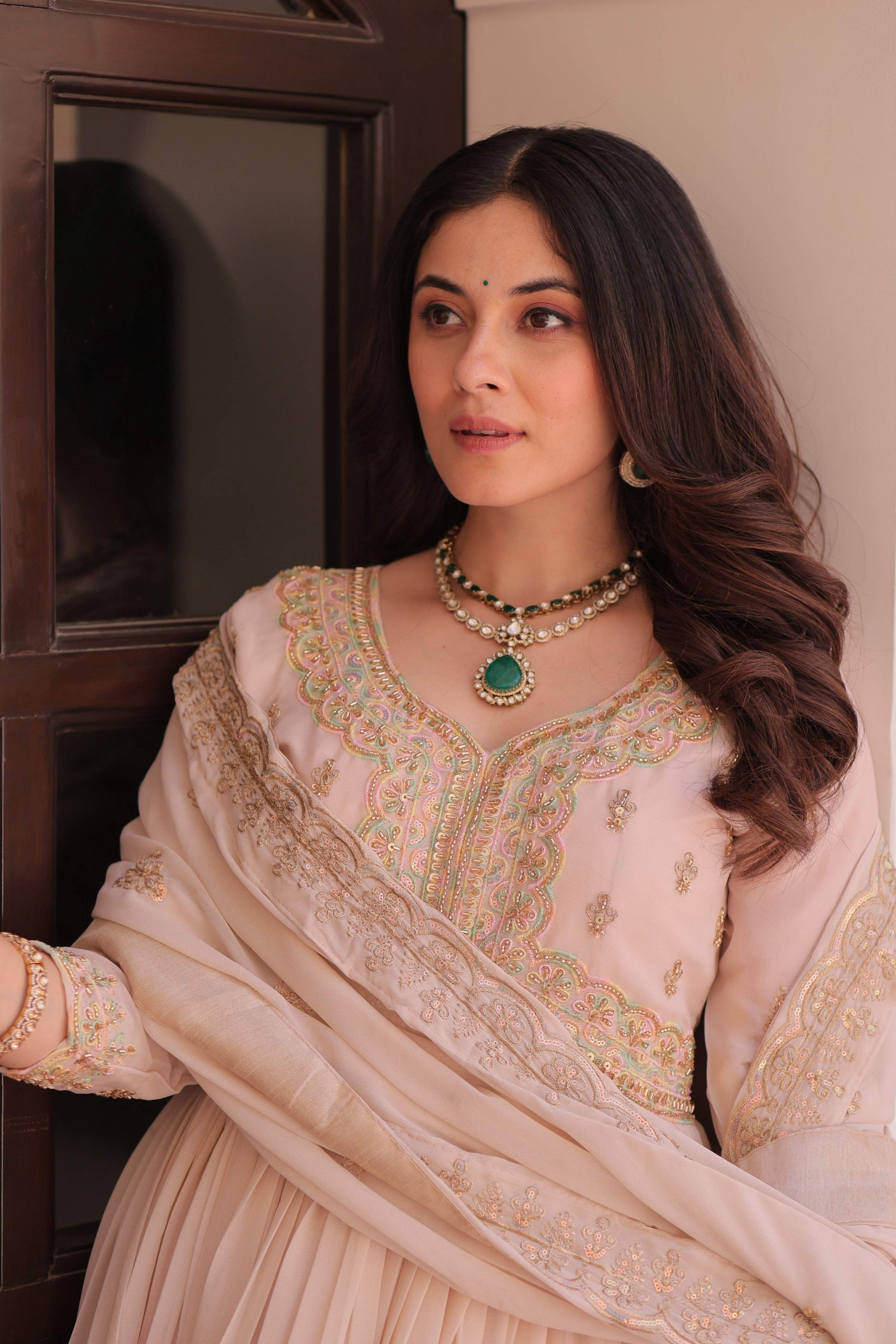 Jyoti Fashion Women's Beige Star Georgette Embroidered Anarkali Set With Dupatta | Swadesiicart