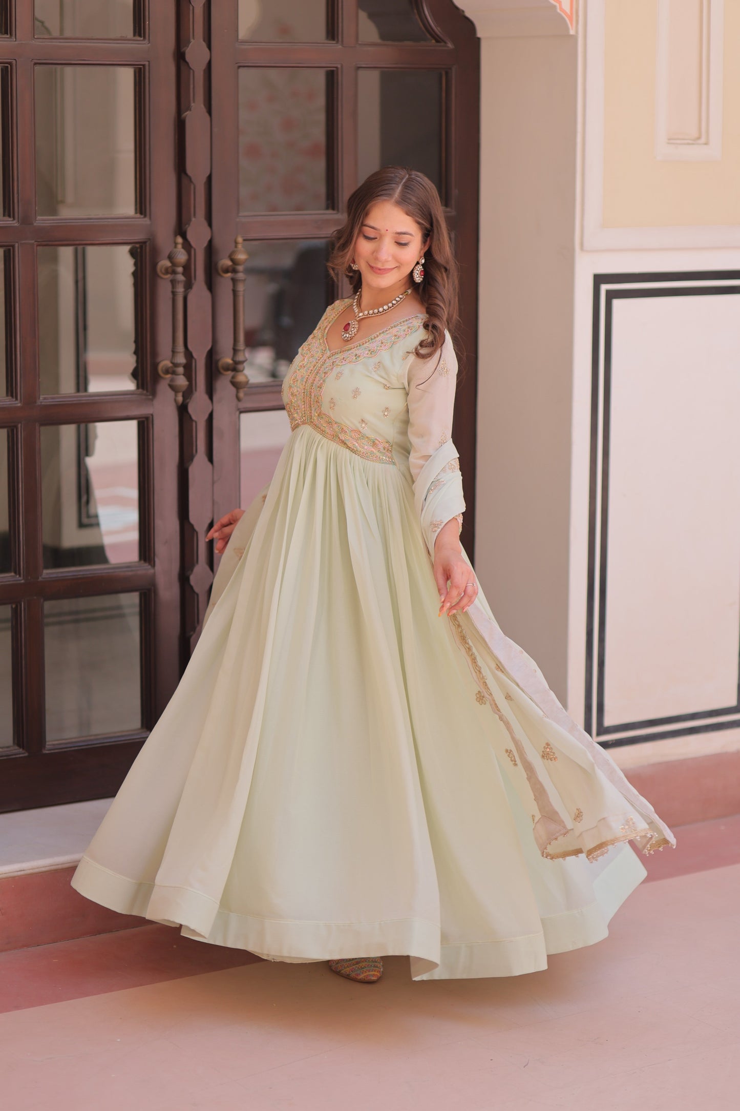 Jyoti Fashion Women's Pista Green Star Georgette Embroidered Anarkali Set With Dupatta | Swadesiicart