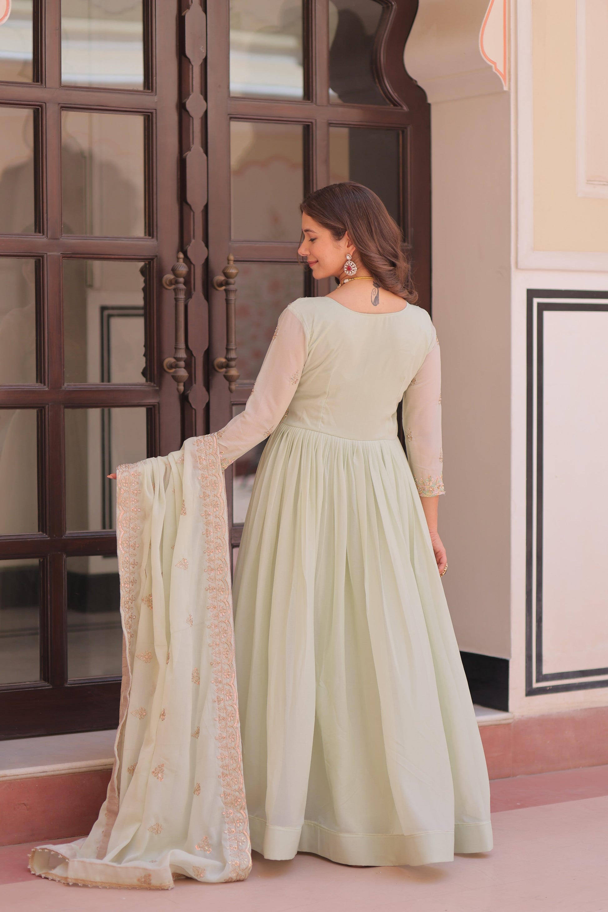 Jyoti Fashion Women's Pista Green Star Georgette Embroidered Anarkali Set With Dupatta | Swadesiicart