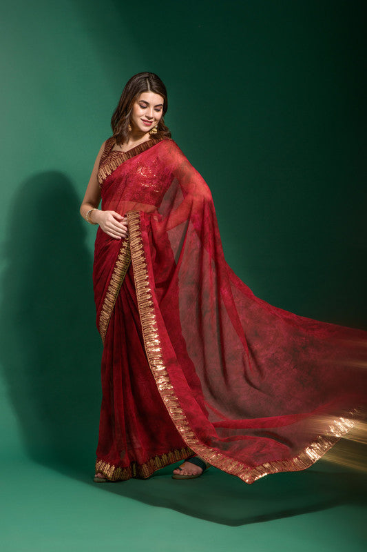 Jyoti Fashion Women's Maroon Sequence Embroidery Chiffon Saree with Blouse | Swadesiicart