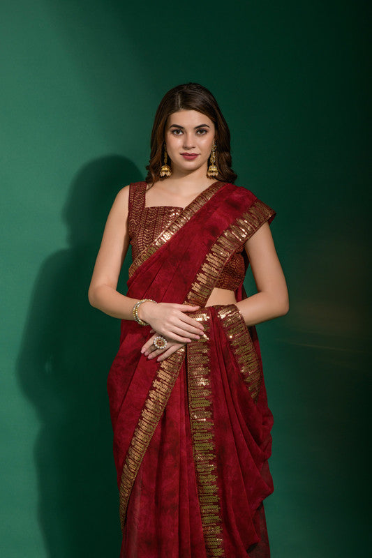 Jyoti Fashion Women's Maroon Sequence Embroidery Chiffon Saree with Blouse | Swadesiicart