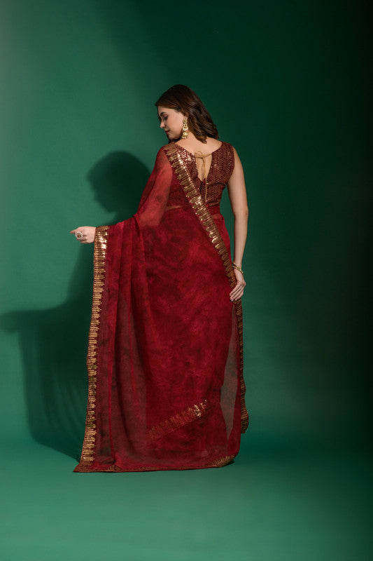 Jyoti Fashion Women's Maroon Sequence Embroidery Chiffon Saree with Blouse | Swadesiicart