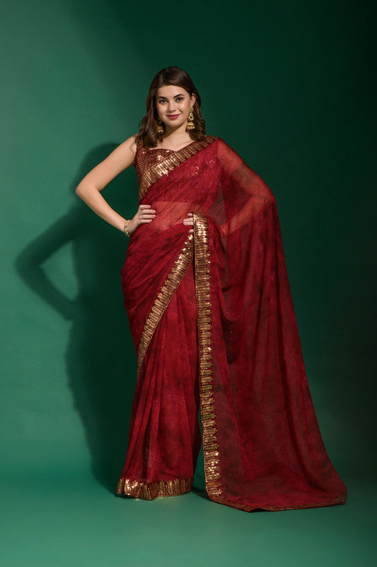 Jyoti Fashion Women's Maroon Sequence Embroidery Chiffon Saree with Blouse | Swadesiicart