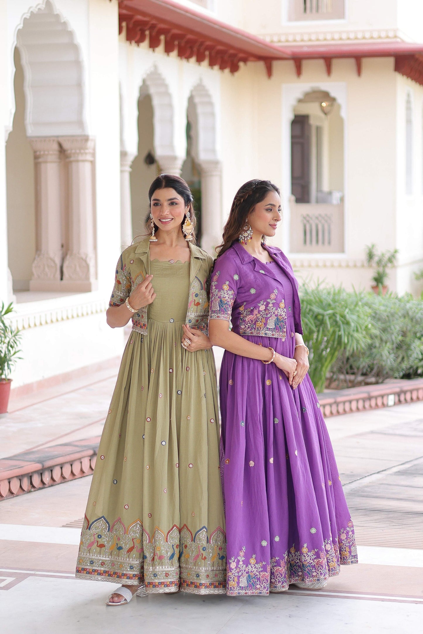 Jyoti Fashion Women's Green & Purple Vichitra Silk Embroidered Combo Anarkali Set With Koti | Swadesiicart
