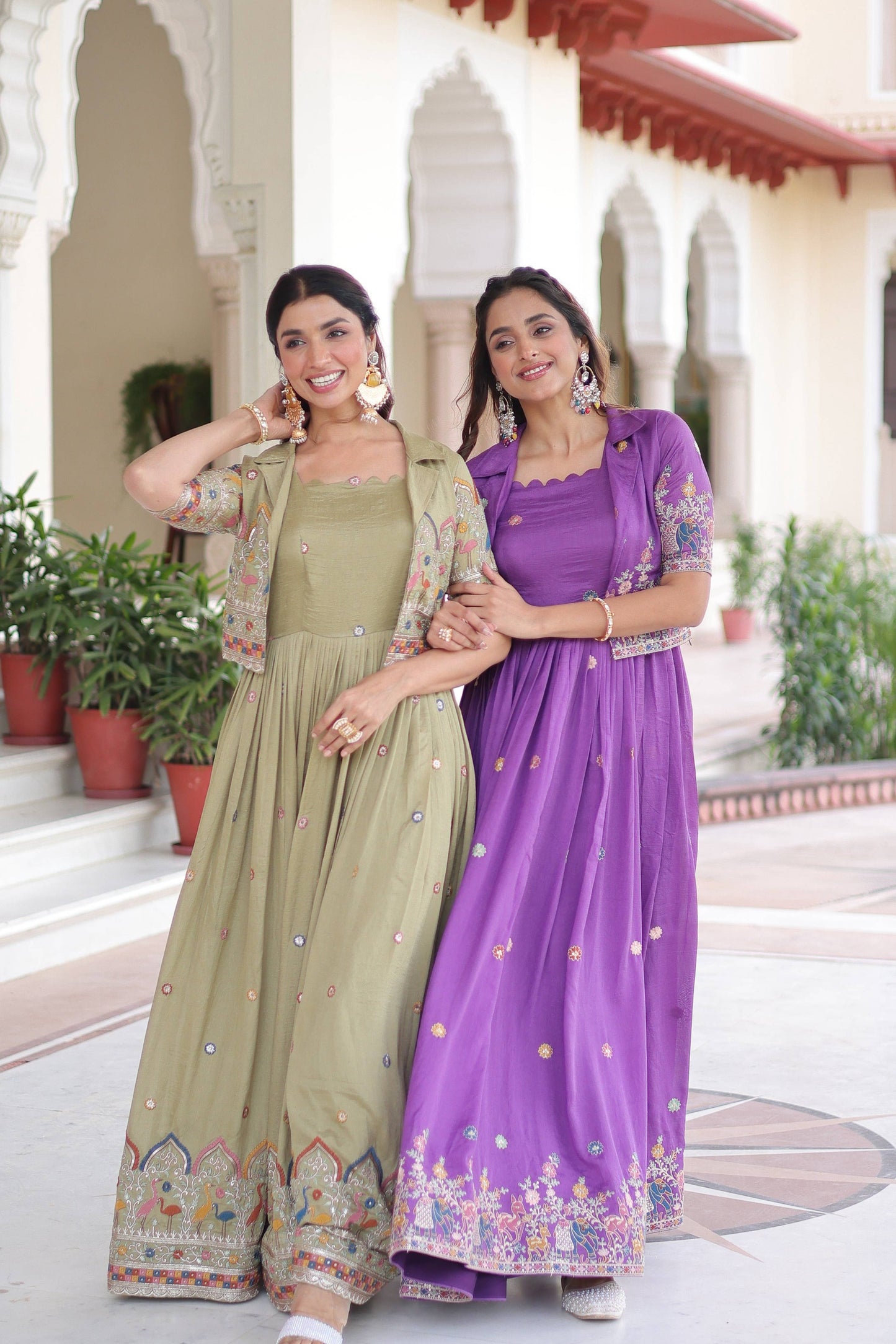 Jyoti Fashion Women's Green & Purple Vichitra Silk Embroidered Combo Anarkali Set With Koti | Swadesiicart