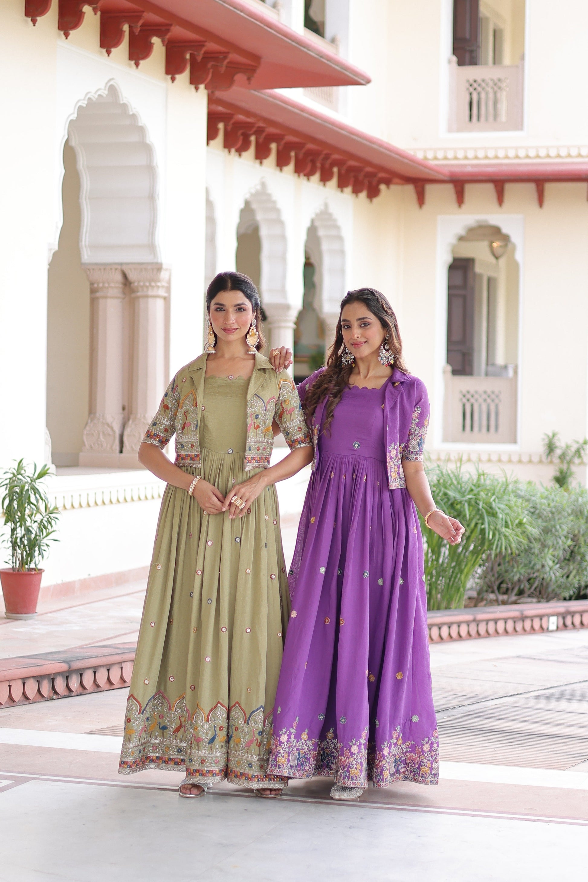 Jyoti Fashion Women's Green & Purple Vichitra Silk Embroidered Combo Anarkali Set With Koti | Swadesiicart