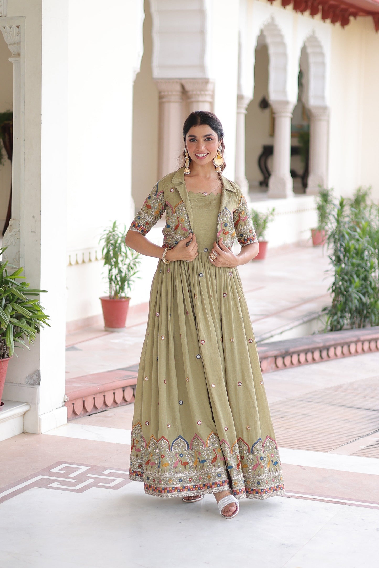 Jyoti Fashion Women's Green Vichitra Silk Embroidered Anarkali Set With Koti | Swadesiicart