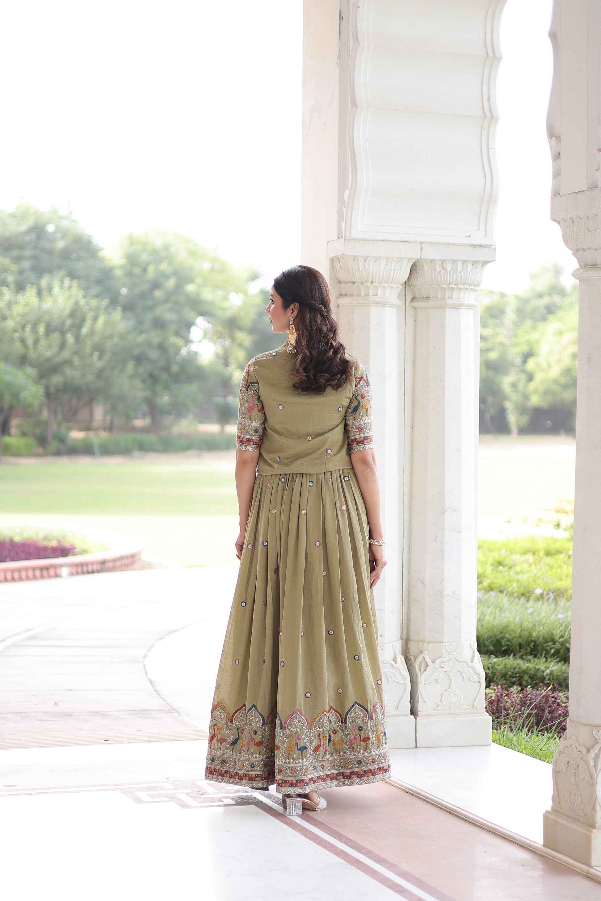 Jyoti Fashion Women's Green Vichitra Silk Embroidered Anarkali Set With Koti | Swadesiicart
