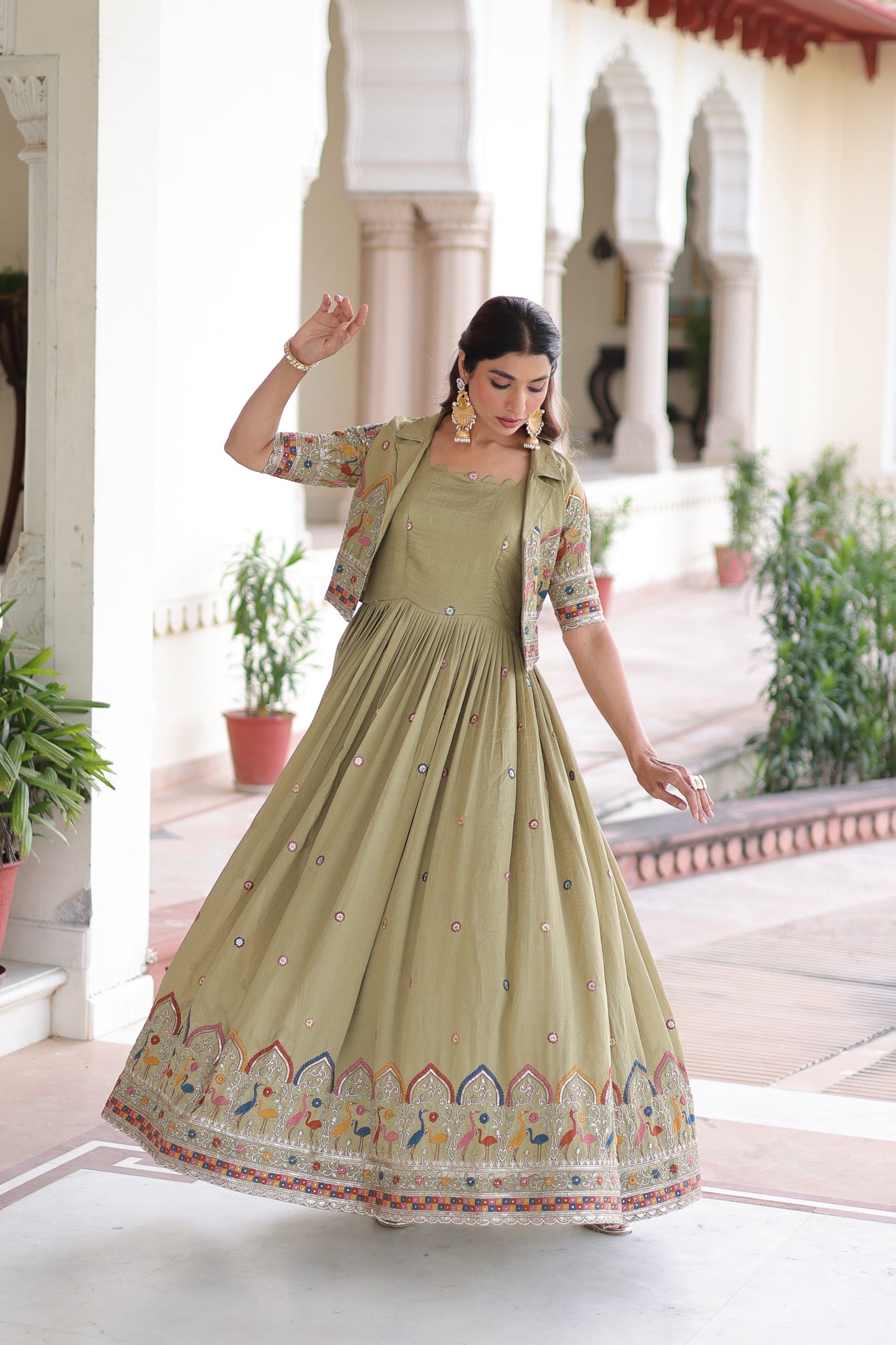 Jyoti Fashion Women's Green Vichitra Silk Embroidered Anarkali Set With Koti | Swadesiicart