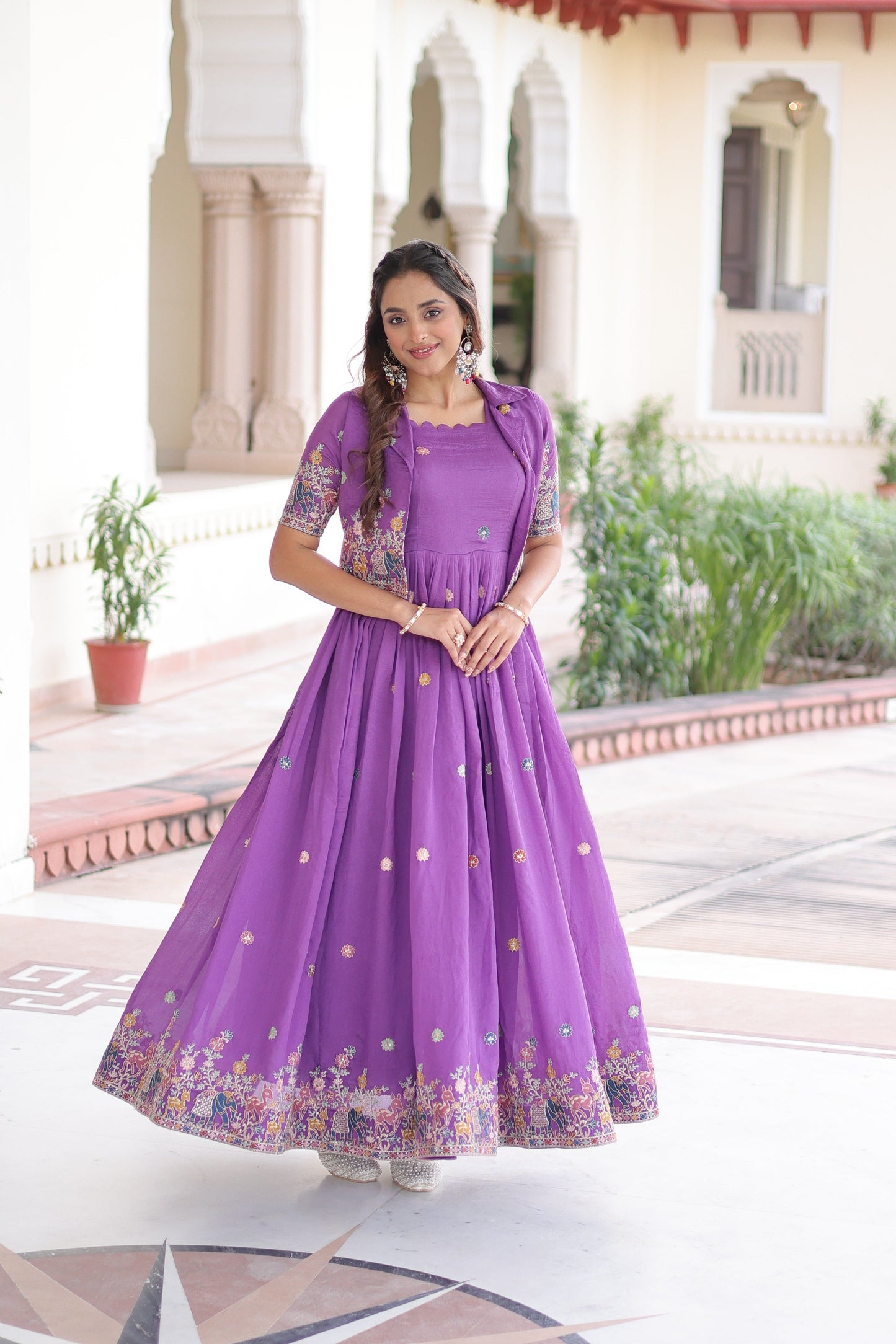 Jyoti Fashion Women's Purple Vichitra Silk Embroidered Anarkali Set With Koti | Swadesiicart