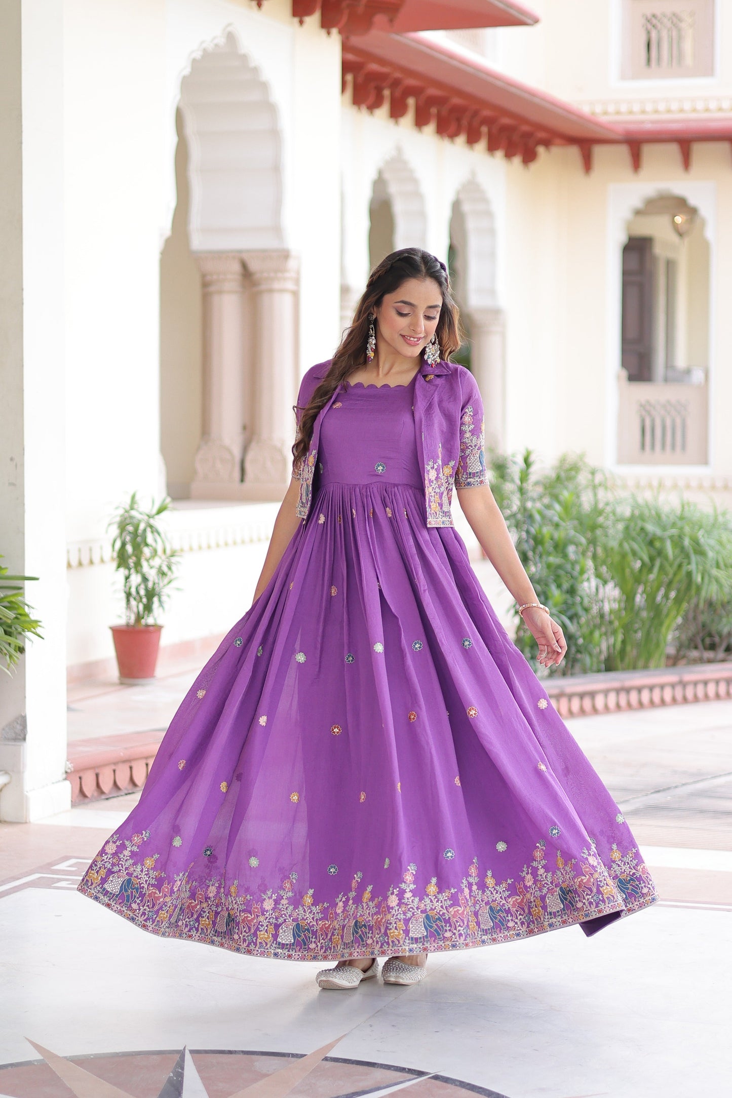 Jyoti Fashion Women's Purple Vichitra Silk Embroidered Anarkali Set With Koti | Swadesiicart