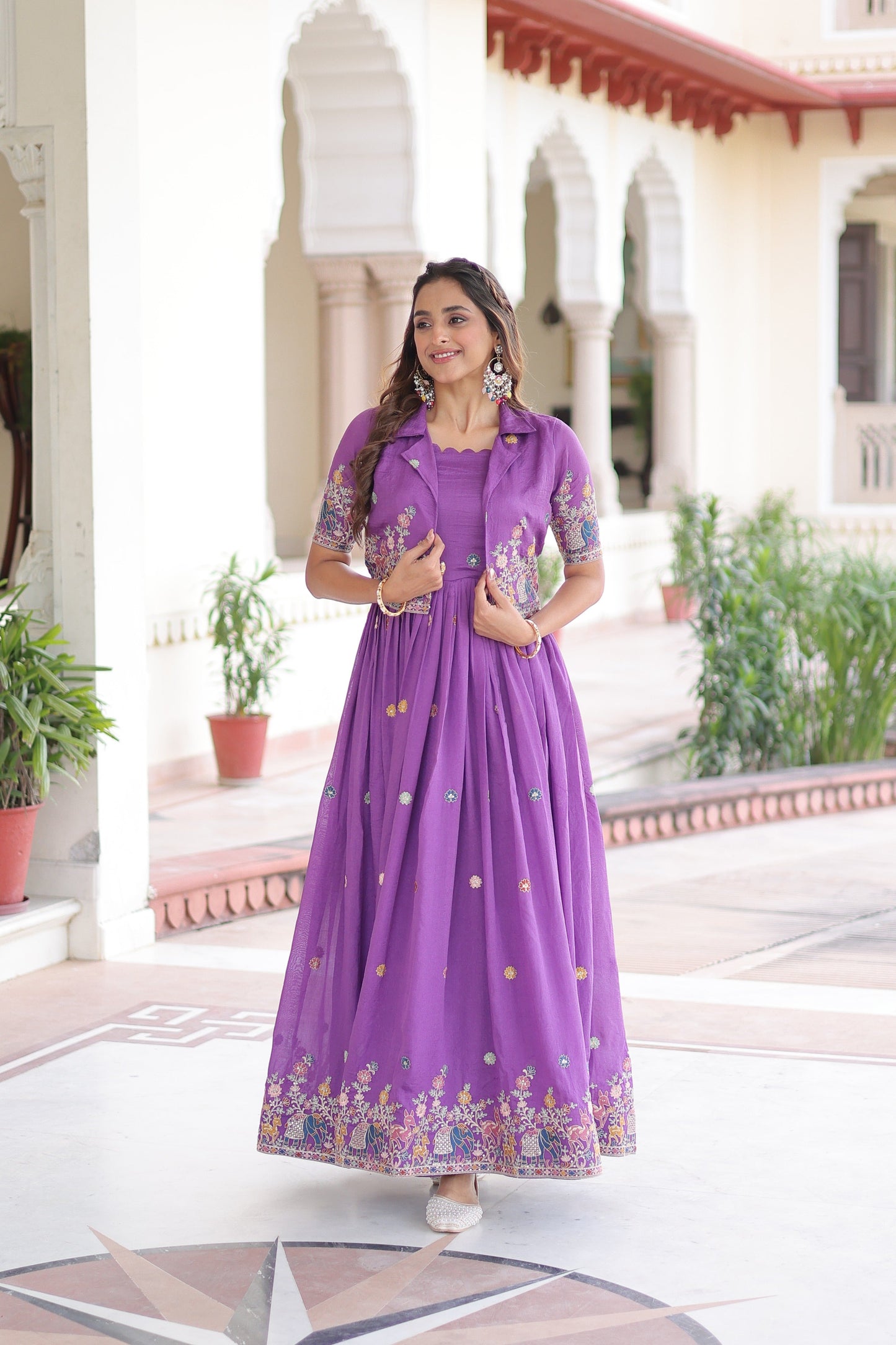 Jyoti Fashion Women's Purple Vichitra Silk Embroidered Anarkali Set With Koti | Swadesiicart