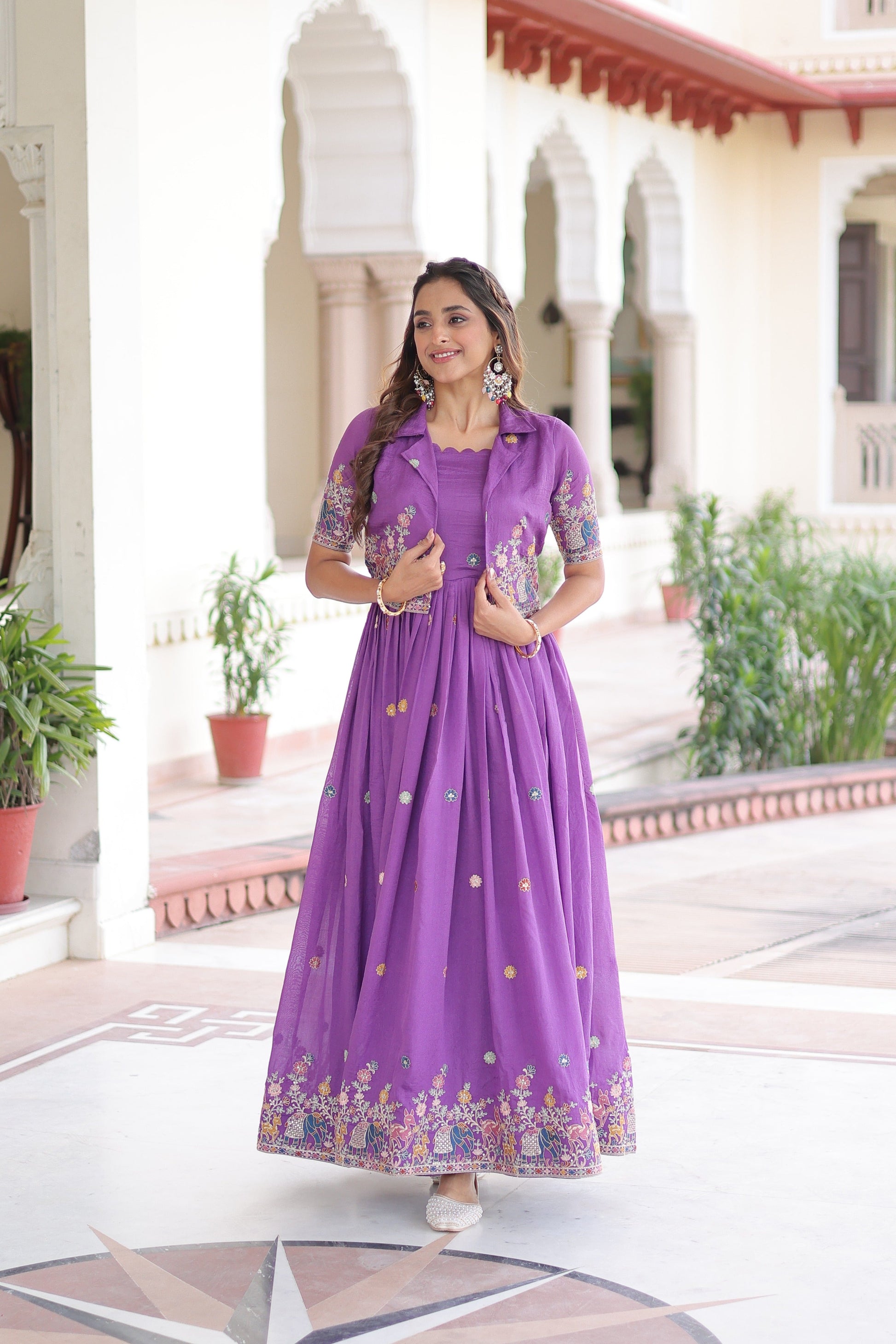 Jyoti Fashion Women's Purple Vichitra Silk Embroidered Anarkali Set With Koti | Swadesiicart