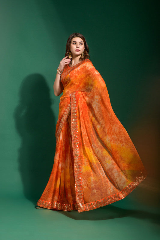 Jyoti Fashion Women's Orange Sequence Embroidery Chiffon Saree with Blouse | Swadesiicart