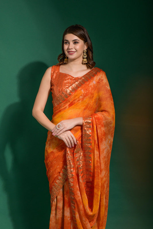 Jyoti Fashion Women's Orange Sequence Embroidery Chiffon Saree with Blouse | Swadesiicart
