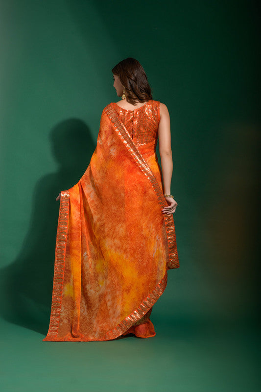 Jyoti Fashion Women's Orange Sequence Embroidery Chiffon Saree with Blouse | Swadesiicart