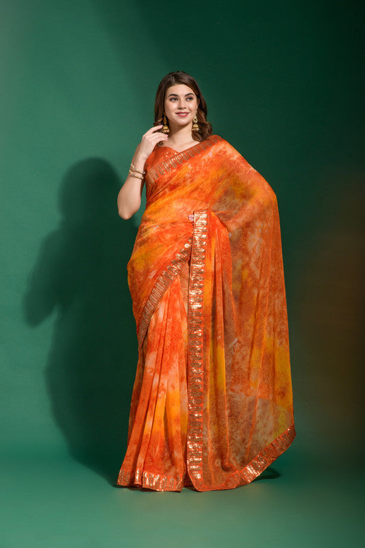 Jyoti Fashion Women's Orange Sequence Embroidery Chiffon Saree with Blouse | Swadesiicart