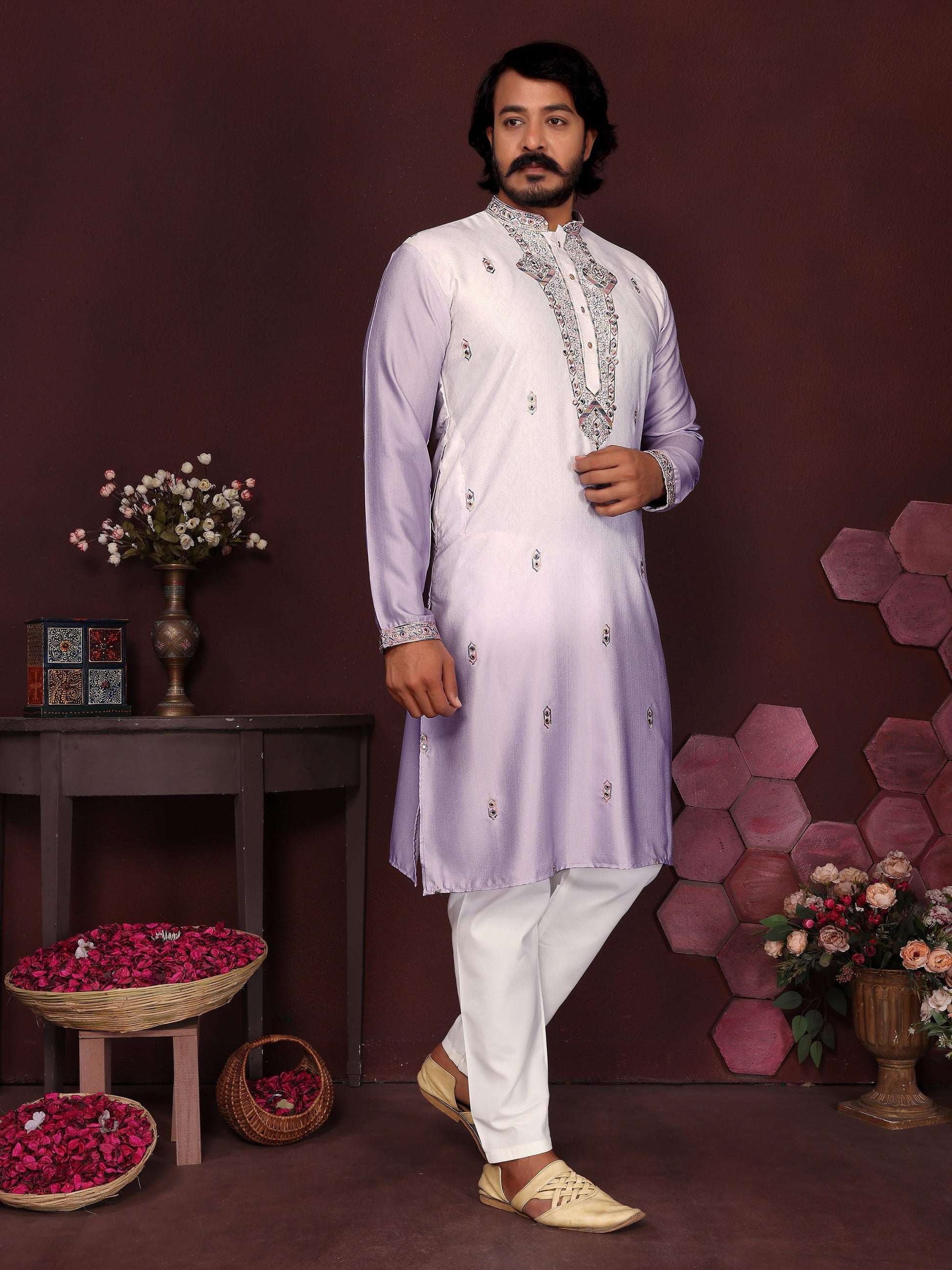 Jyoti Fashion Men's Purple Sequins Embroidered Kurta with Pajama | Swadesiicart